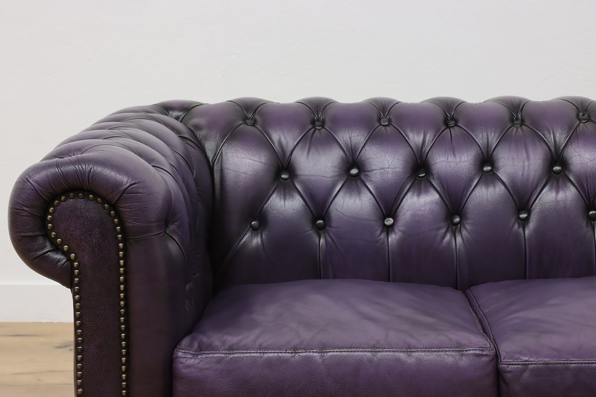 Chesterfield Tufted Purple Leather Vintage 3 Cushion Sofa