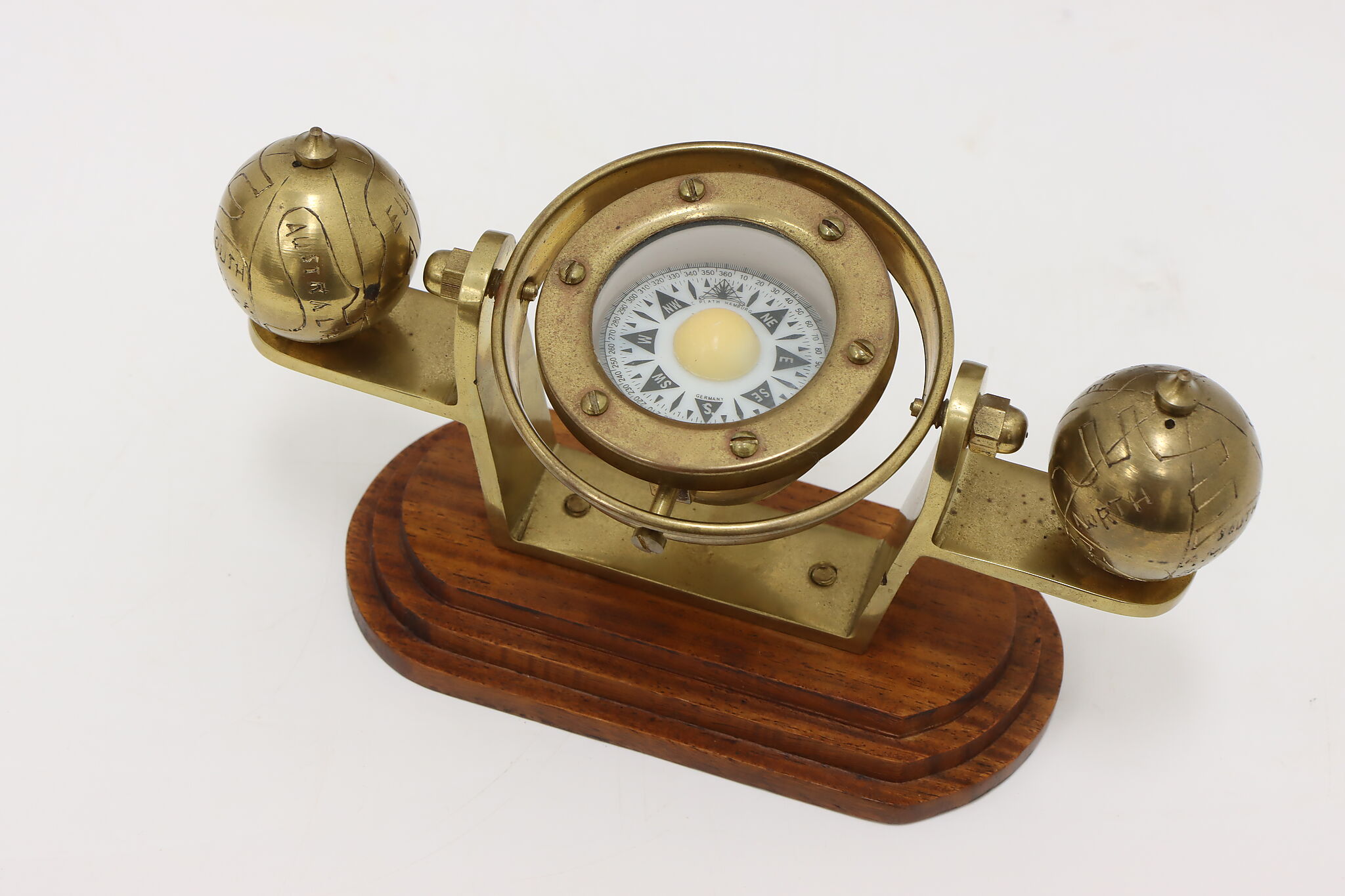 Gimble Compass German Vintage Brass & Mahogany Gimbal Ship Compass, Plath