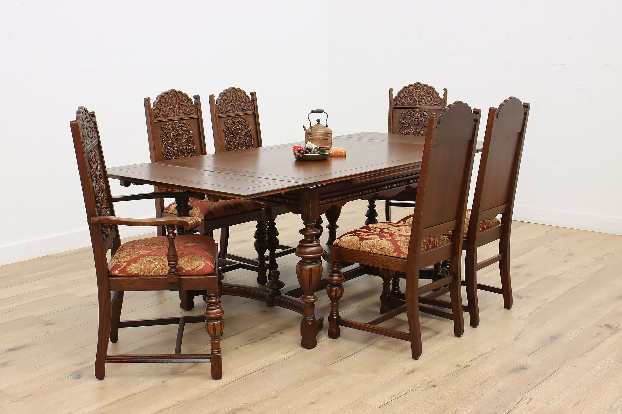 Tudor Design Antique Carved Oak Dining Set, Table & 6 Chairs