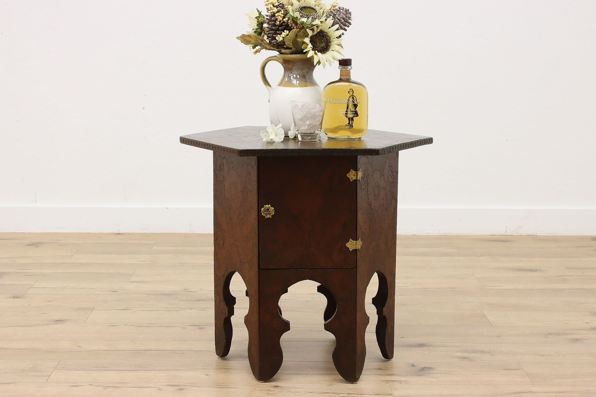 Folk Art Antique Burnt Wood Pyrography Hexagon Coffee Table