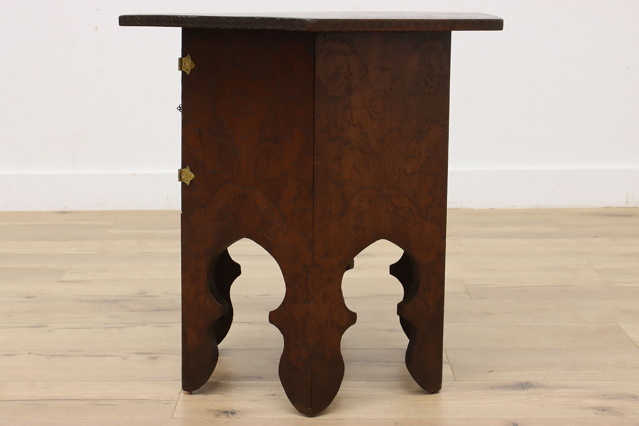 Folk Art Antique Burnt Wood Pyrography Hexagon Coffee Table