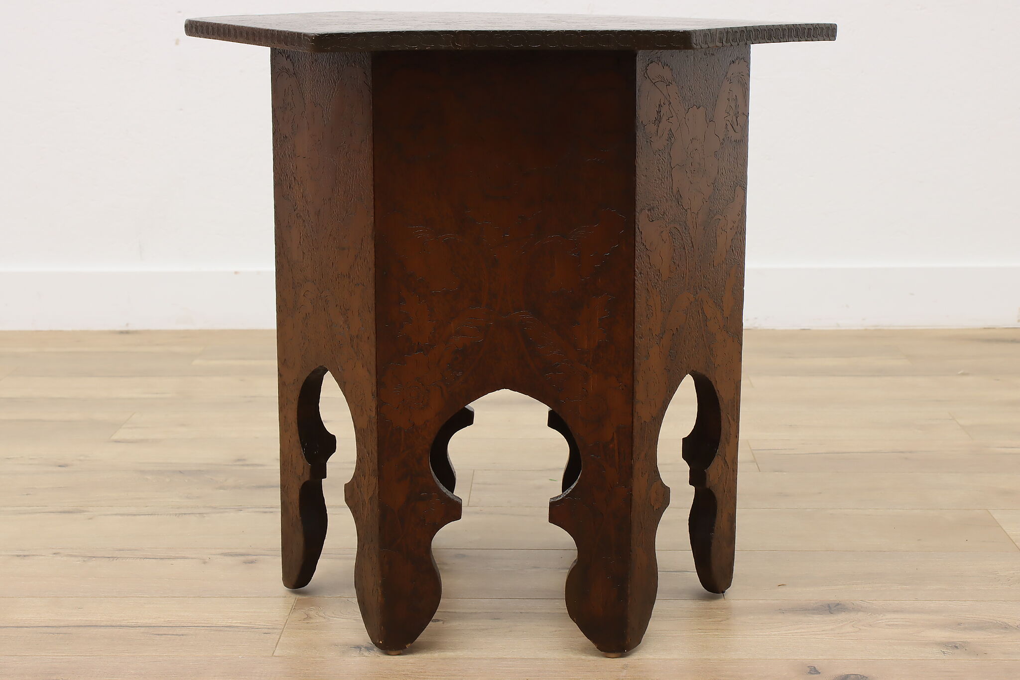 Folk Art Antique Burnt Wood Pyrography Hexagon Coffee Table