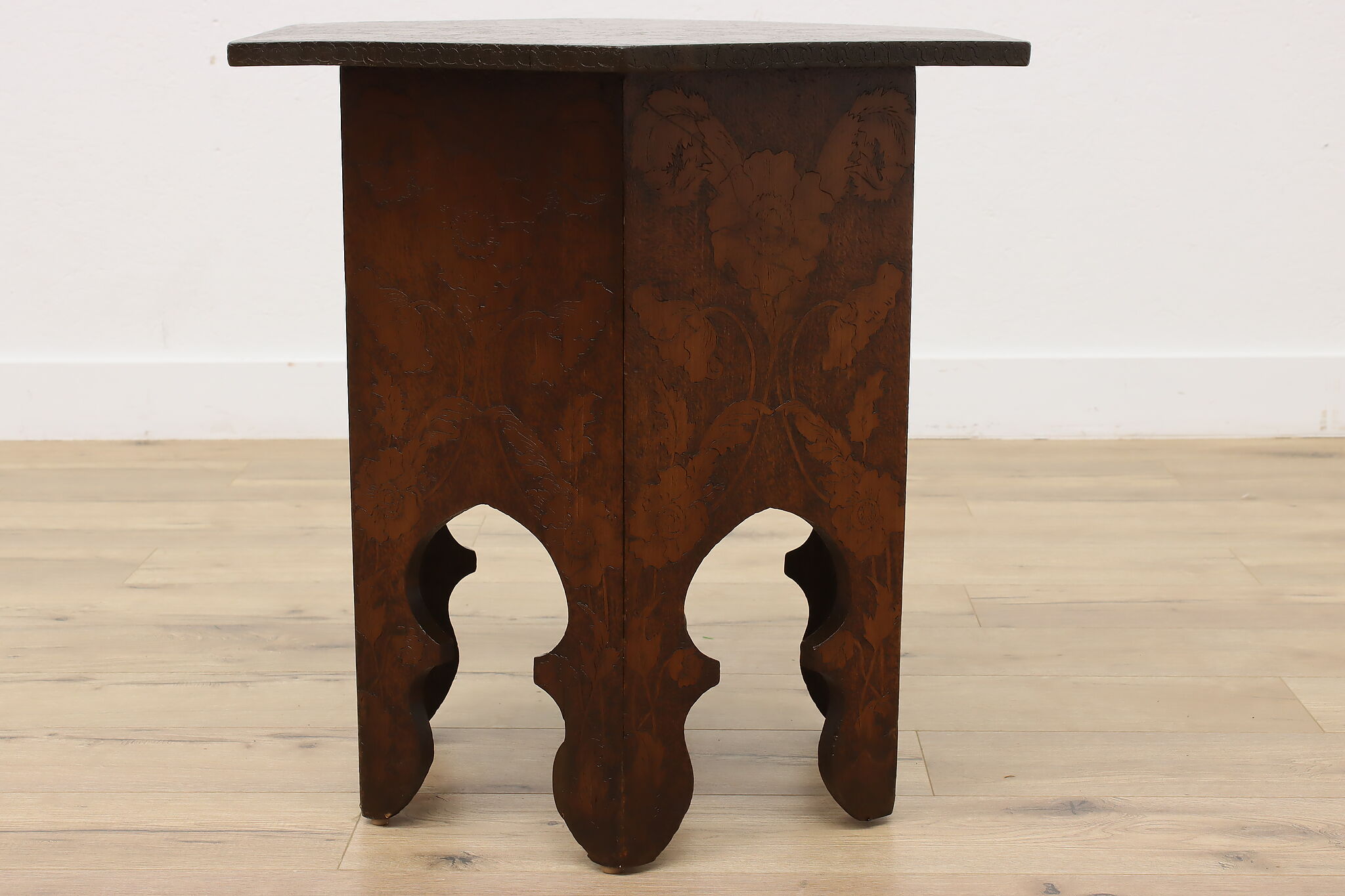 Folk Art Antique Burnt Wood Pyrography Hexagon Coffee Table
