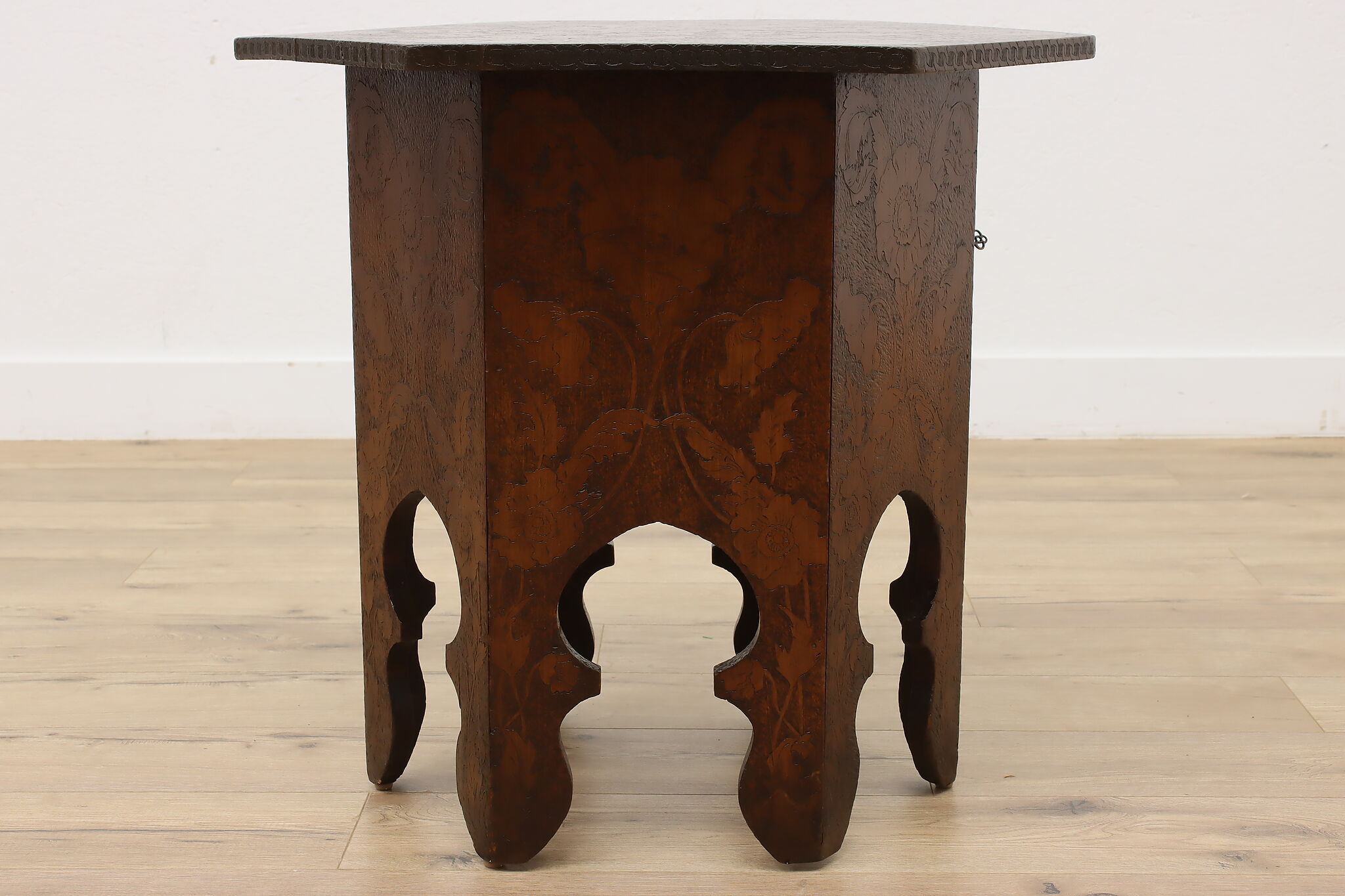 Folk Art Antique Burnt Wood Pyrography Hexagon Coffee Table