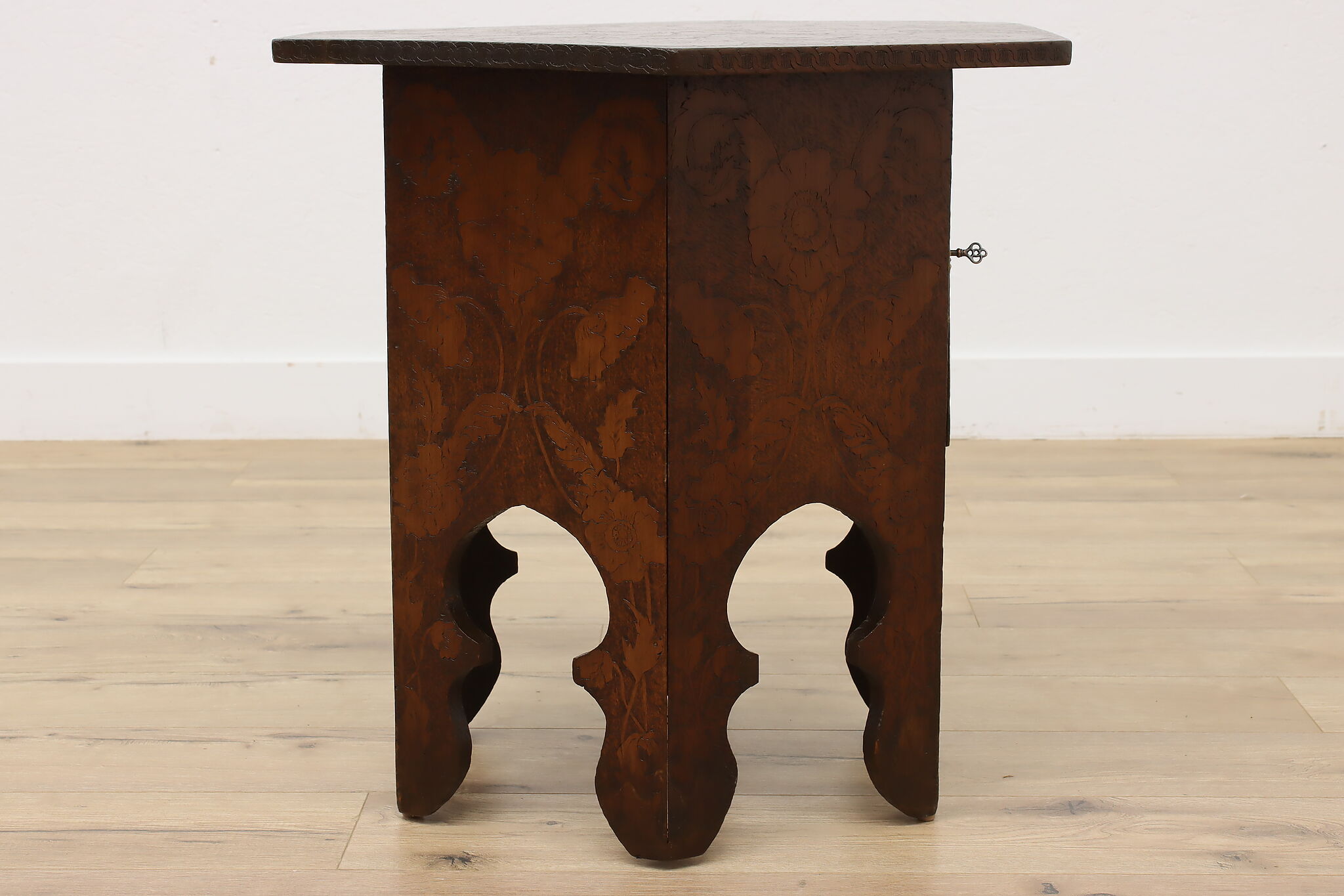 Folk Art Antique Burnt Wood Pyrography Hexagon Coffee Table