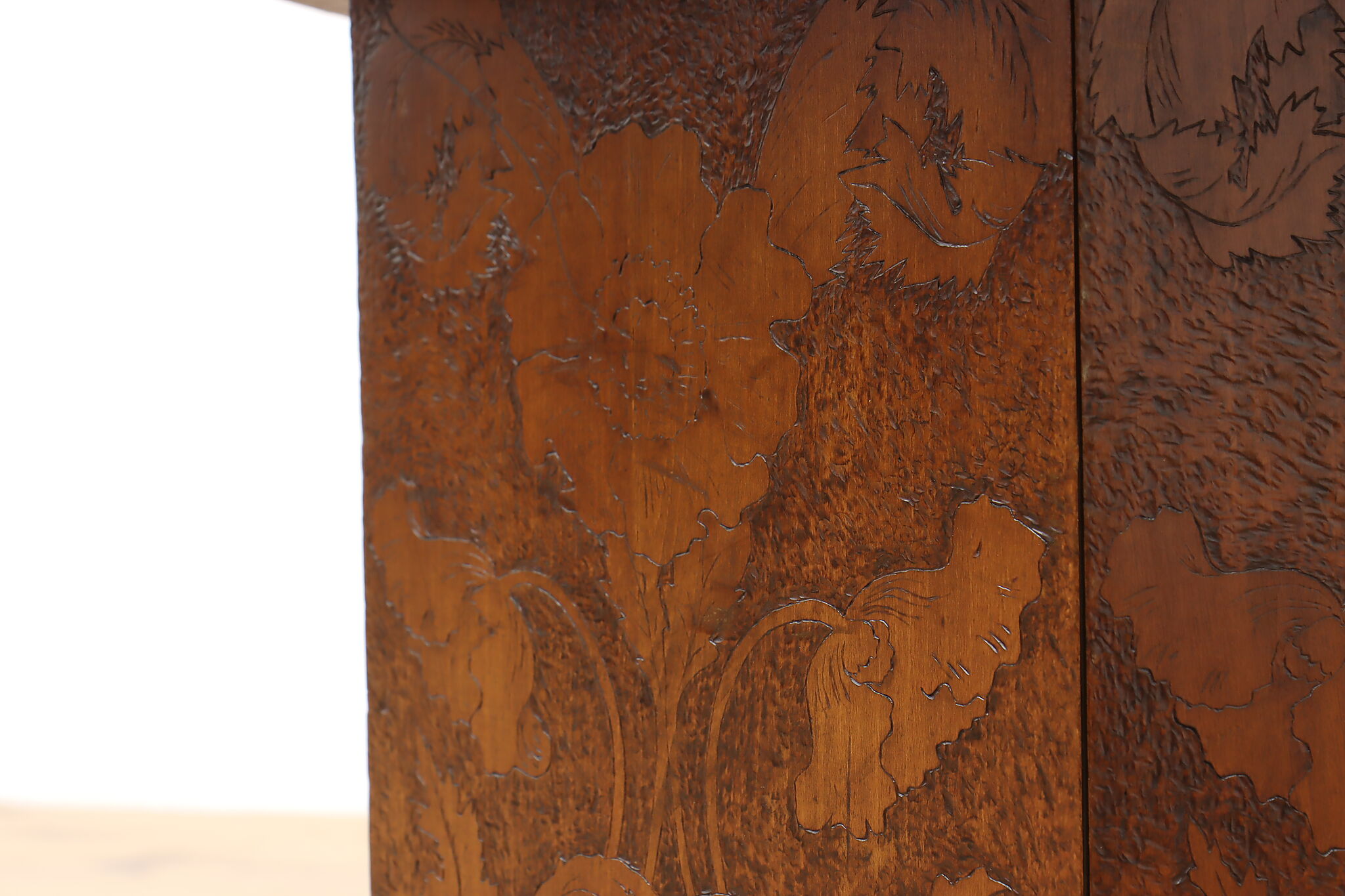 Folk Art Antique Burnt Wood Pyrography Hexagon Coffee Table