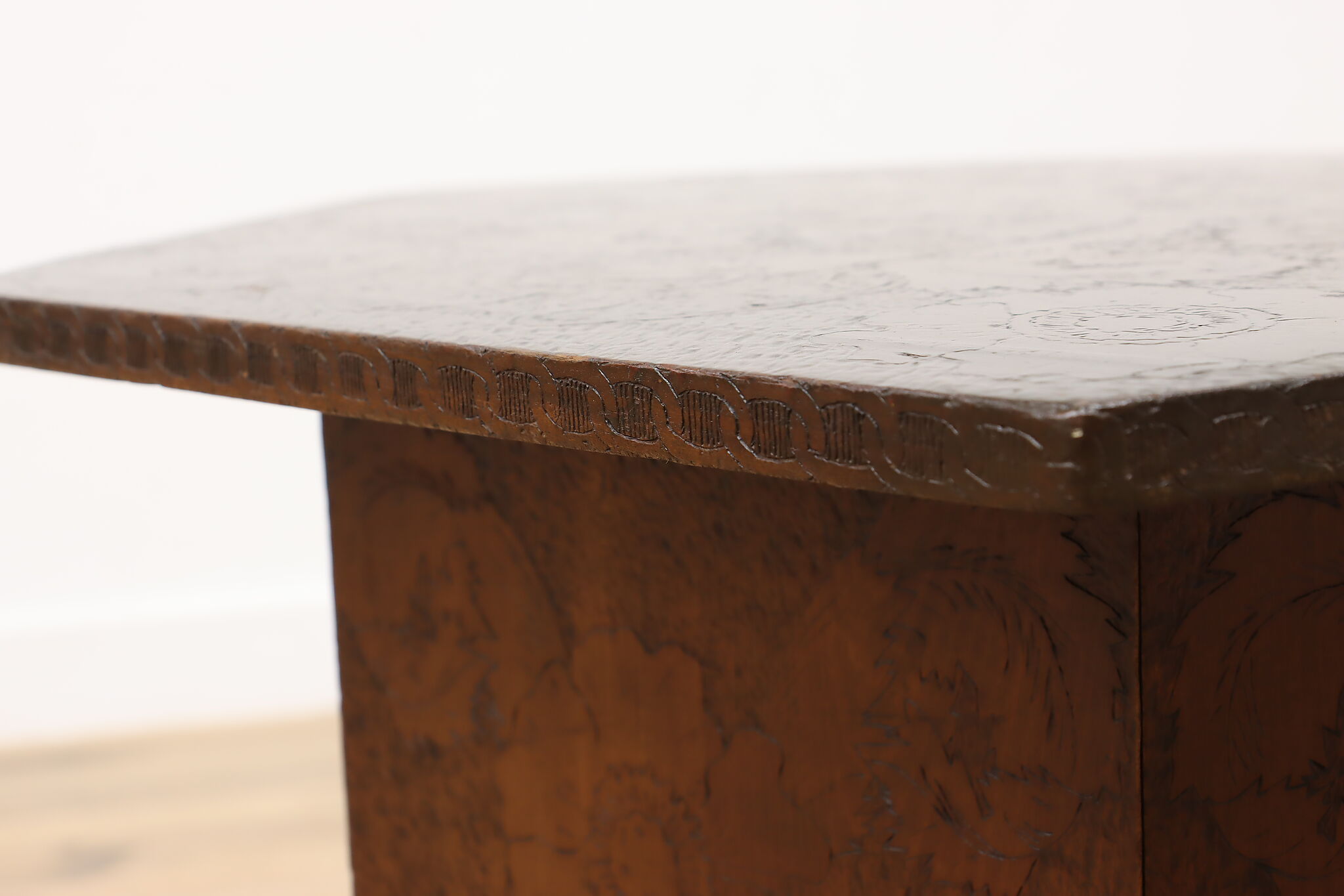 Folk Art Antique Burnt Wood Pyrography Hexagon Coffee Table