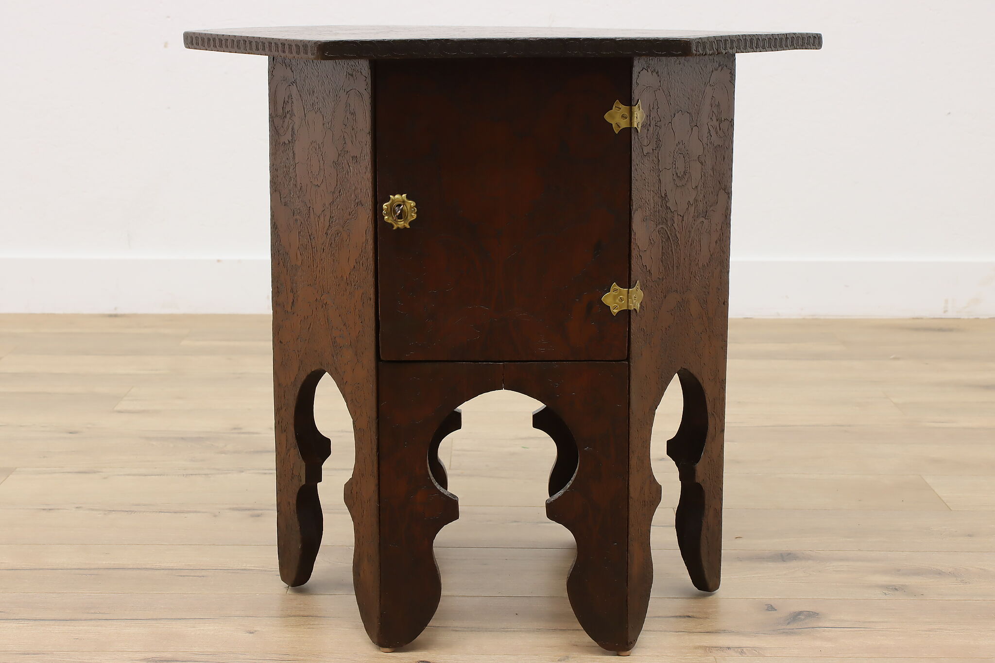 Folk Art Antique Burnt Wood Pyrography Hexagon Coffee Table