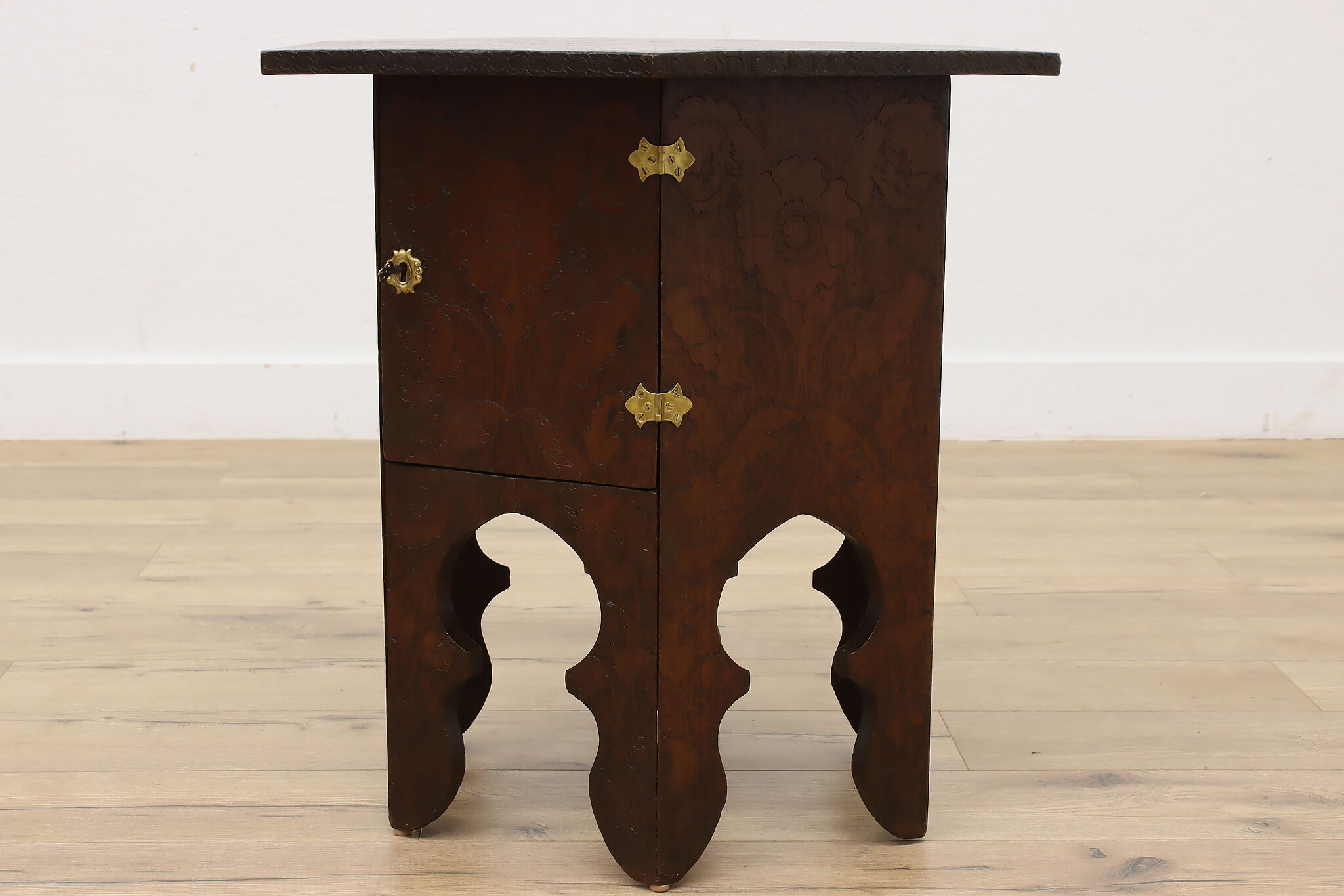 Folk Art Antique Burnt Wood Pyrography Hexagon Coffee Table