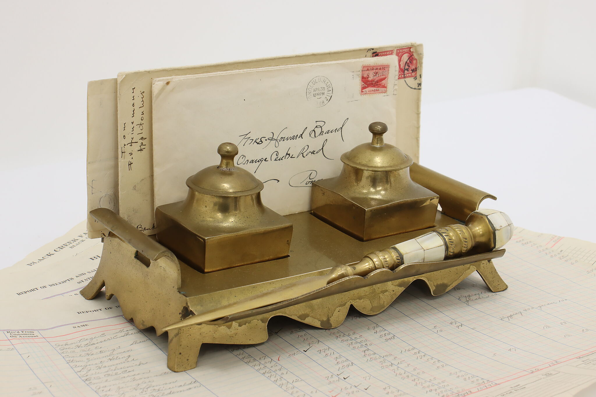 Brass Vintage Desktop Double Inkwell, India