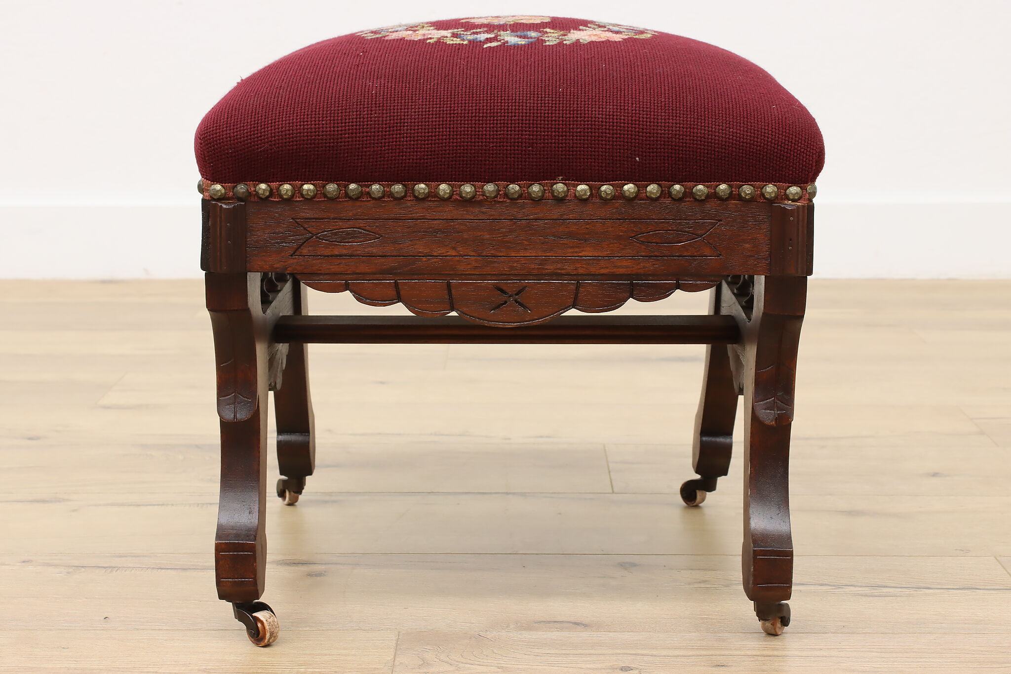 Victorian Adjustable 1890's Walnut Antique Gout Foot Stool, Velvet