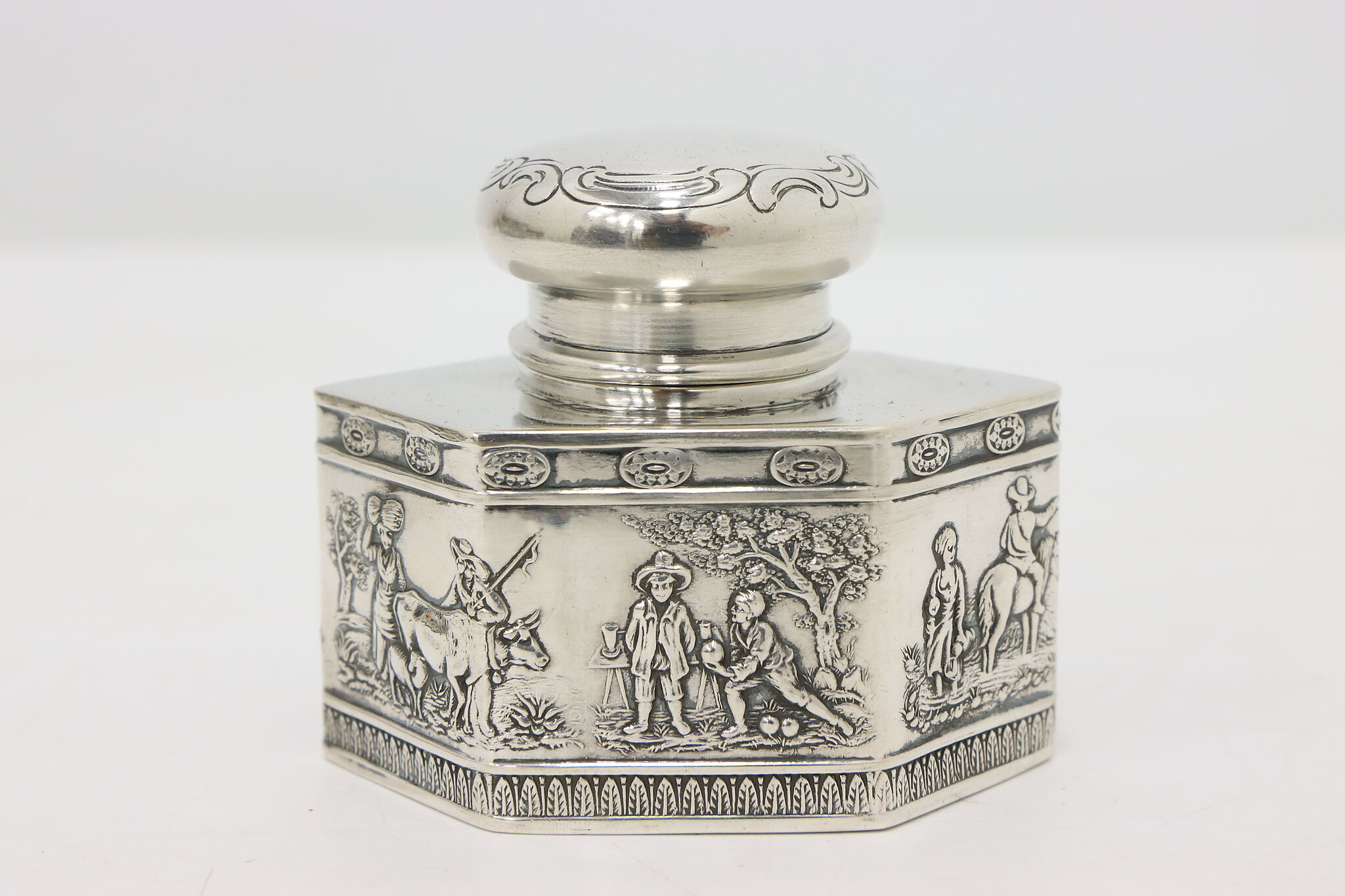 Silver Inkwell Classical Antique Silver Inkwell with Farm Scenes