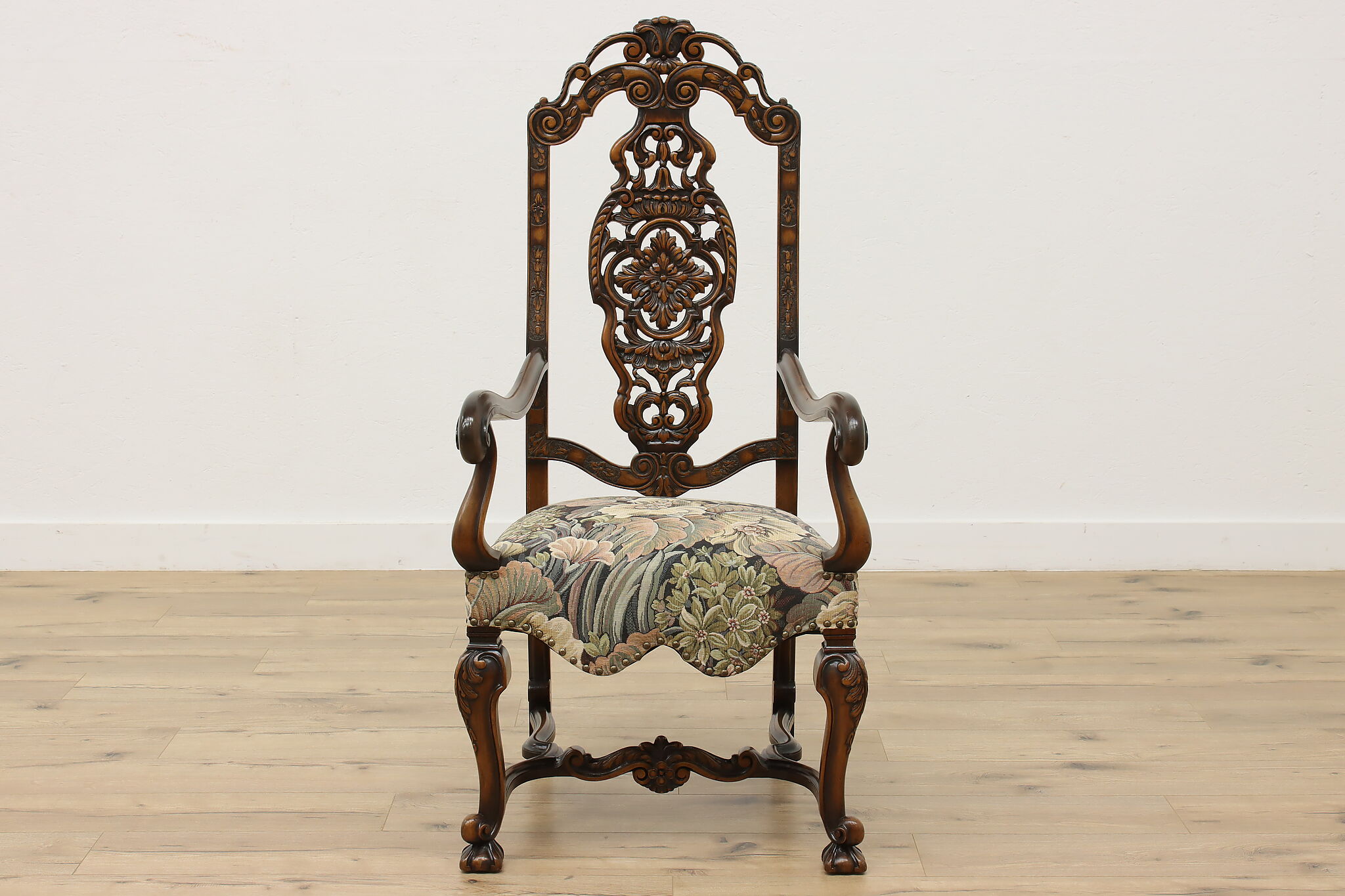 Italian Antique Carved Walnut Throne Chair Floral Tapestry