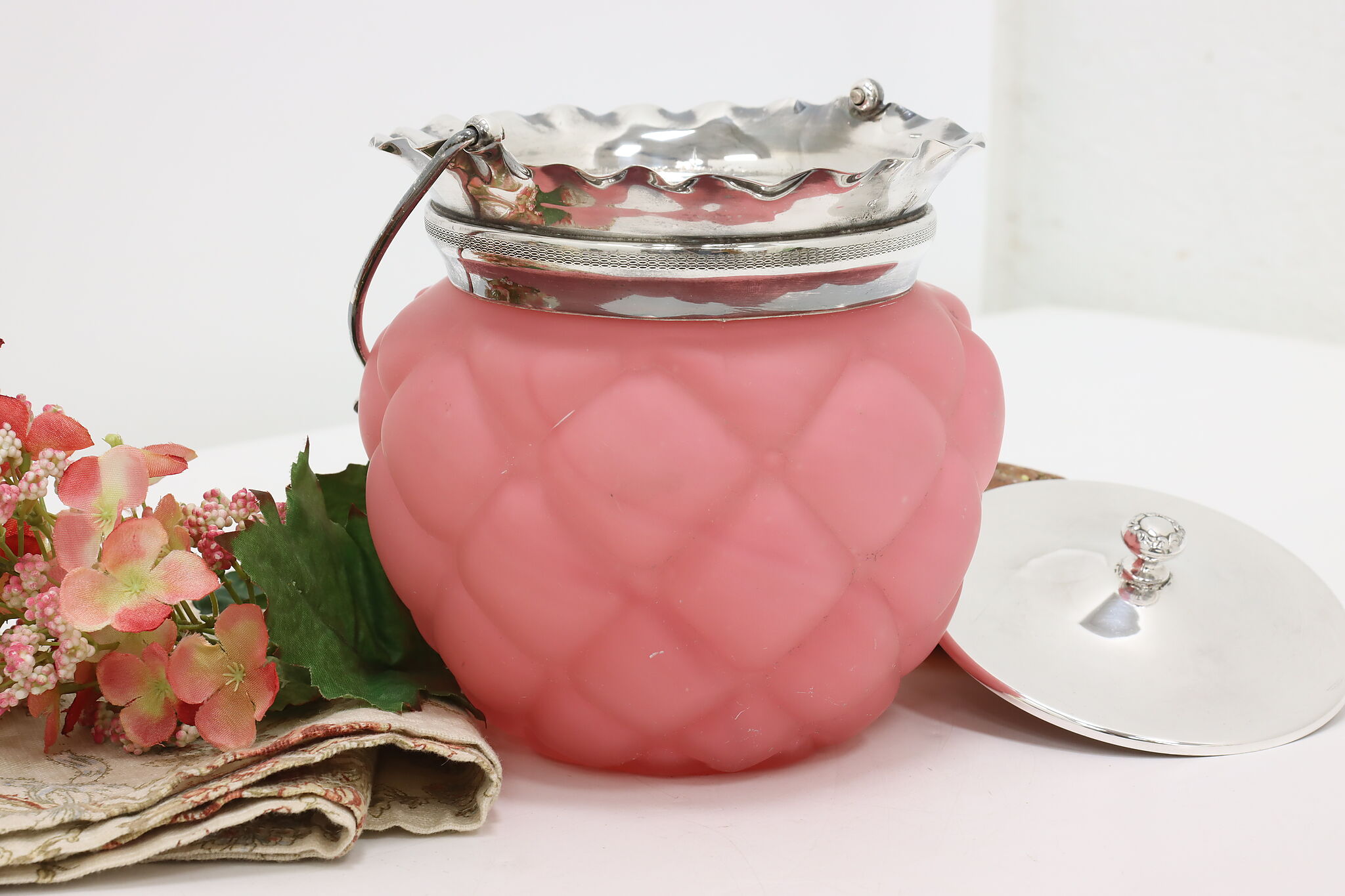 Pink Glass Quilted Glass Biscuit / Cookie Jar W/ Silver Plate Lid / Cover  Antique Container Art Glass 6 1/4 