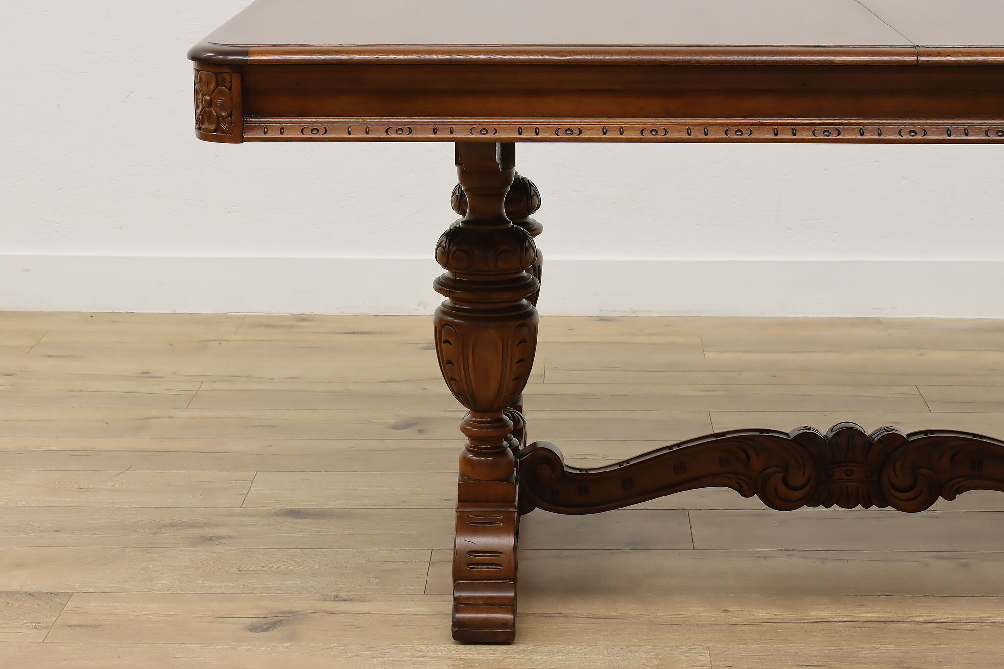 Tudor Design Antique Carved Dining Table, 3 Leaves, Batik