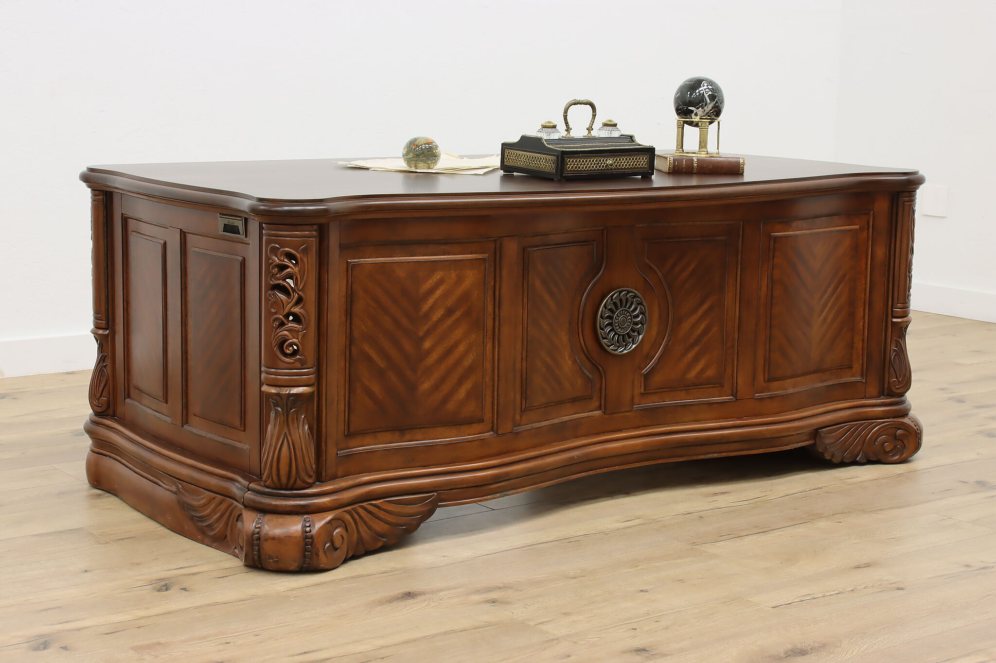 Carved Mahogany Vintage Office Library Desk, Mirrors, Amini