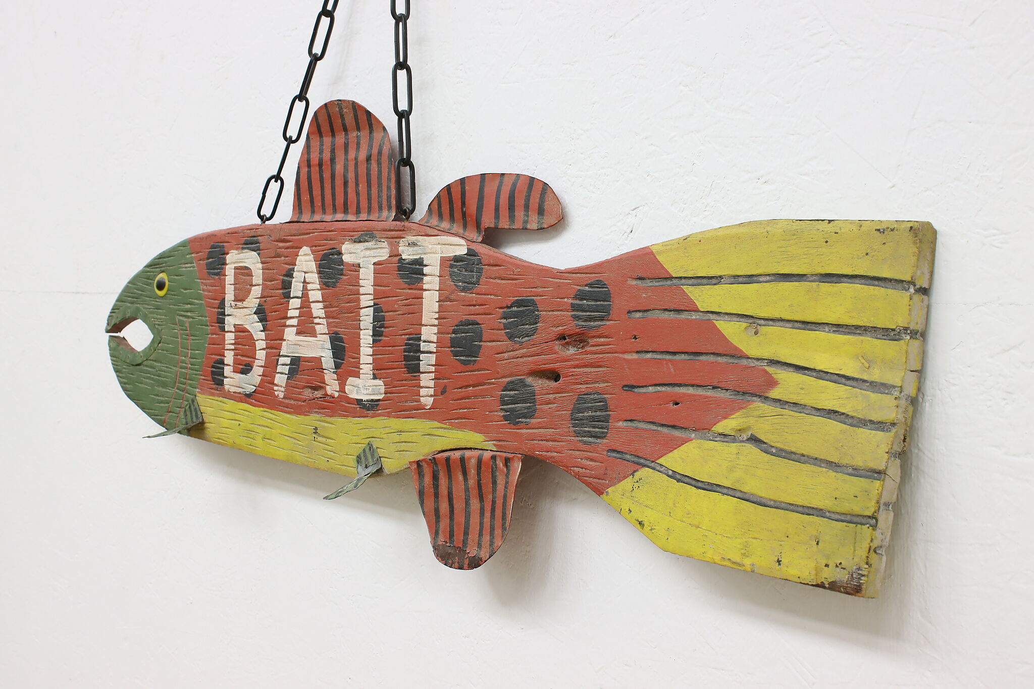 Farmhouse Vintage Folk Art Carved & Painted Fish Bait Sign