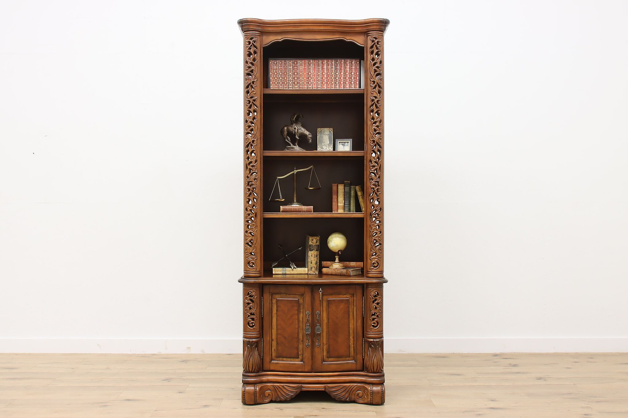 Carved Mahogany Vintage Library Bookcase, Mirrors, Amini