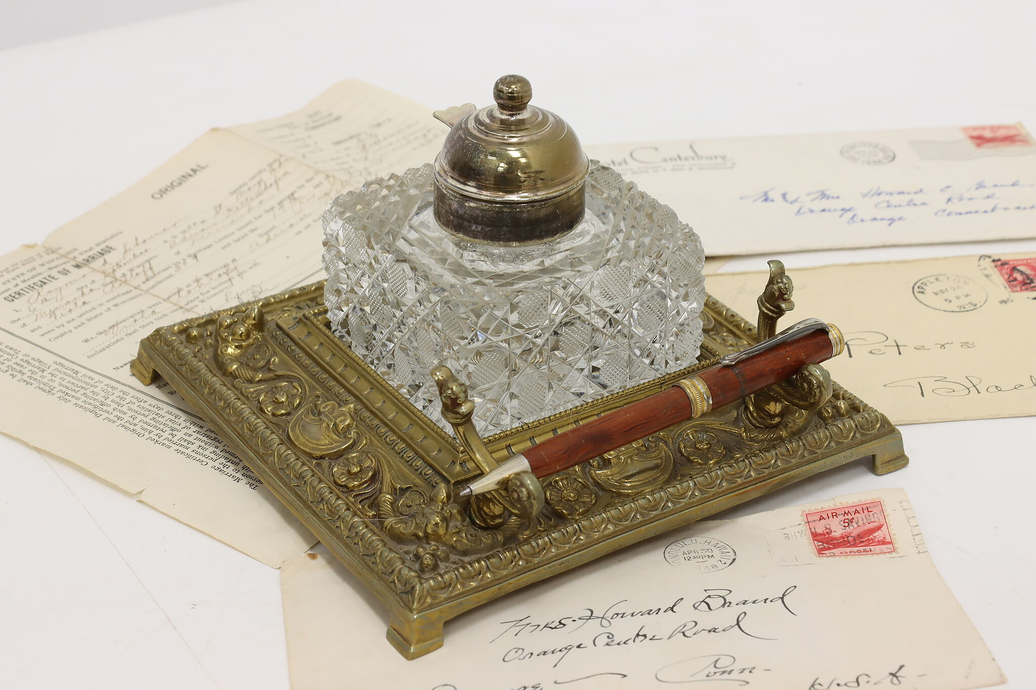 Italian Antique Brass & Cut Crystal Desktop Inkwell