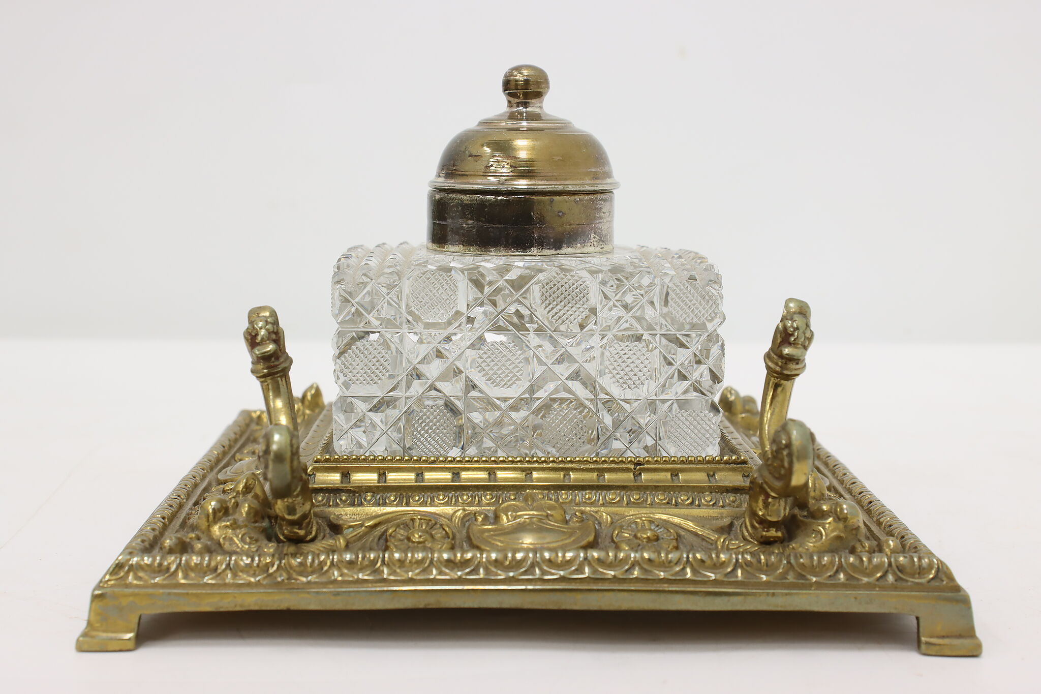 Italian Antique Brass & Cut Crystal Desktop Inkwell