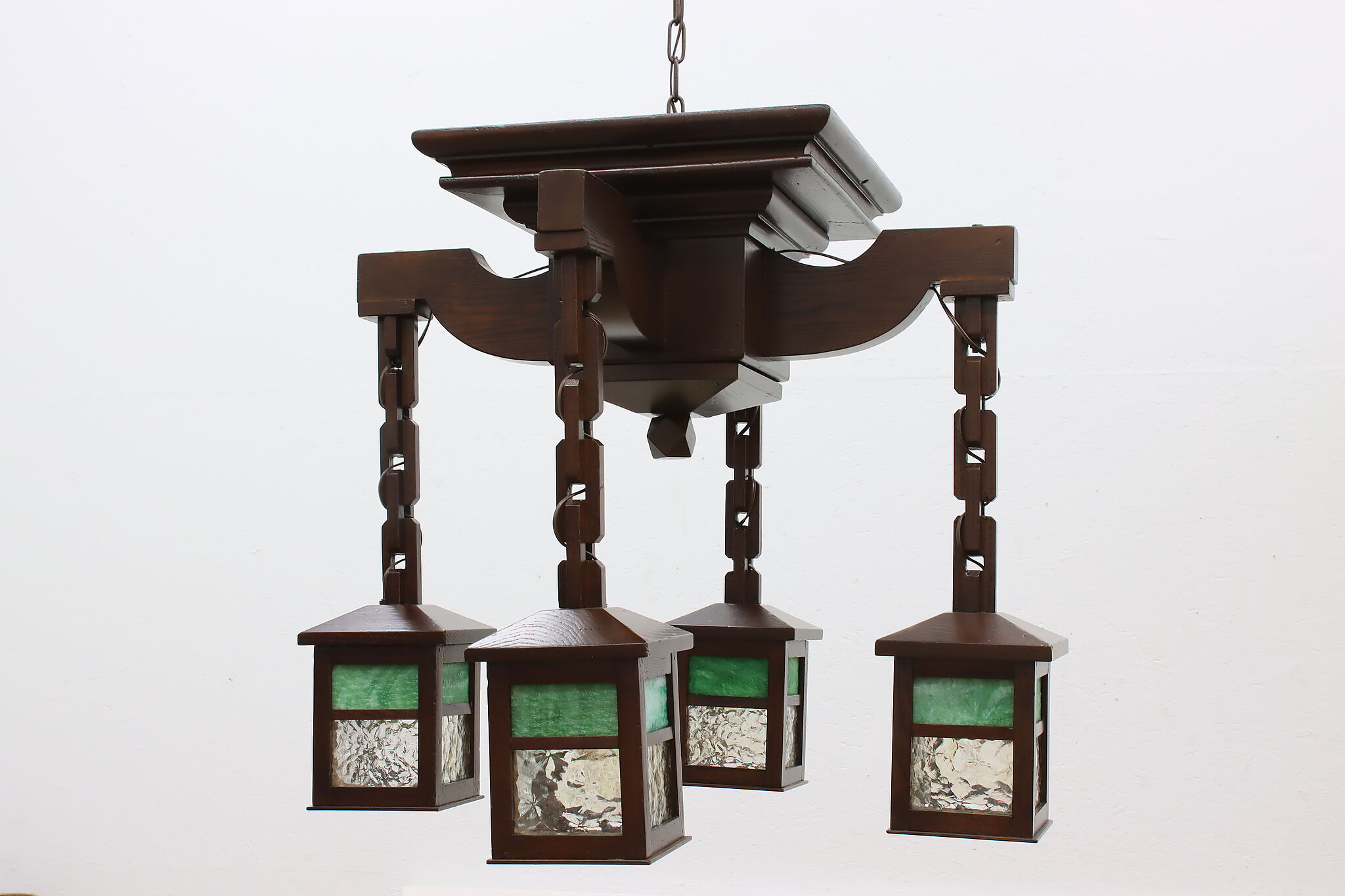 Arts & Crafts Antique Mission Oak Stained Glass Chandelier