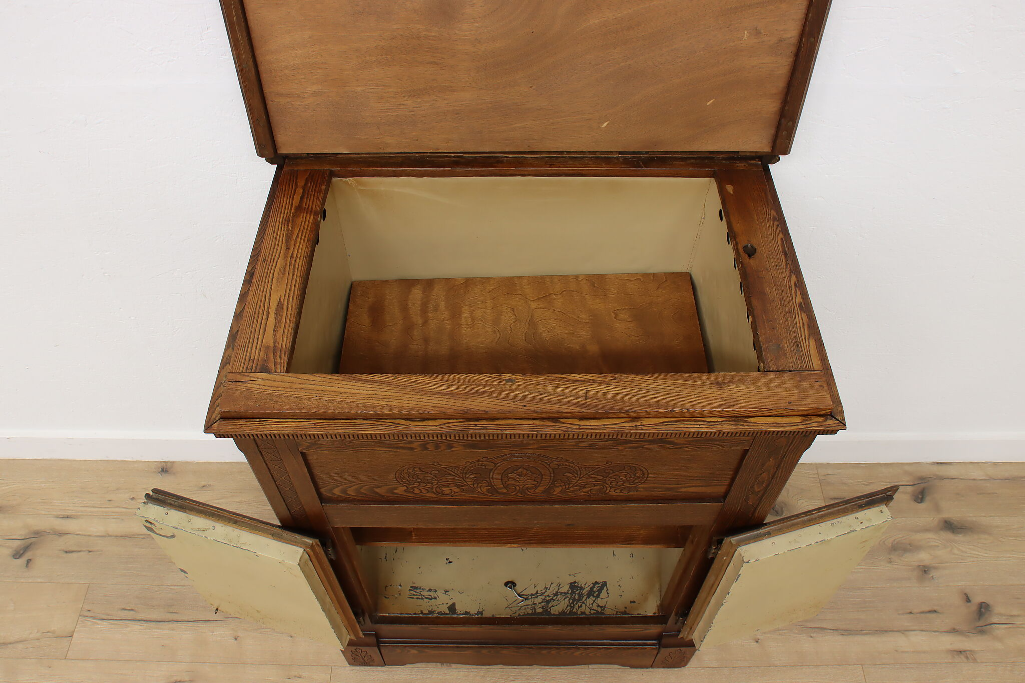 Farmhouse Antique Carved Ash Kitchen Ice Box Pantry Cupboard