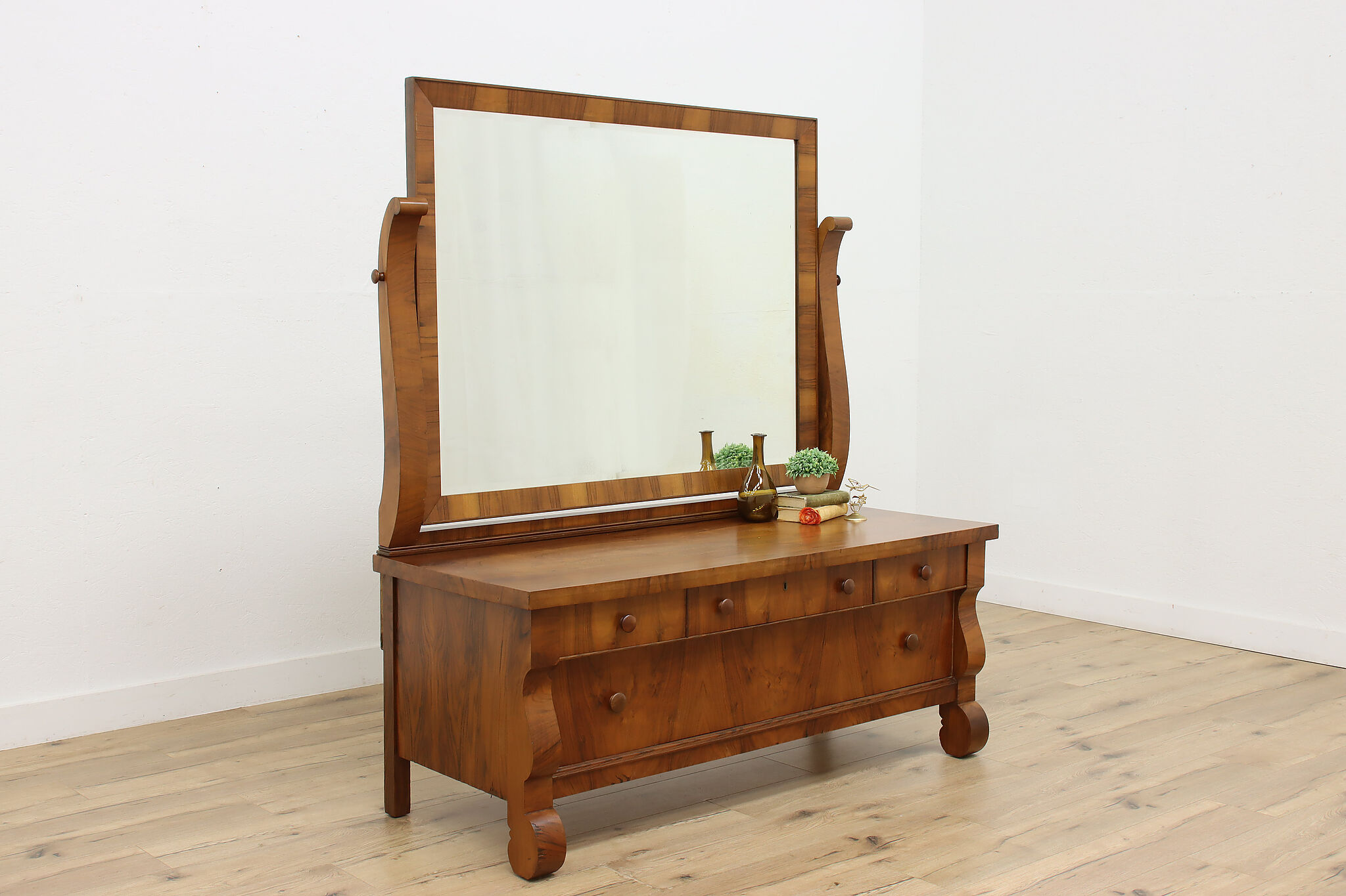 Empire Design Antique French Walnut Dresser or Chest, Mirror