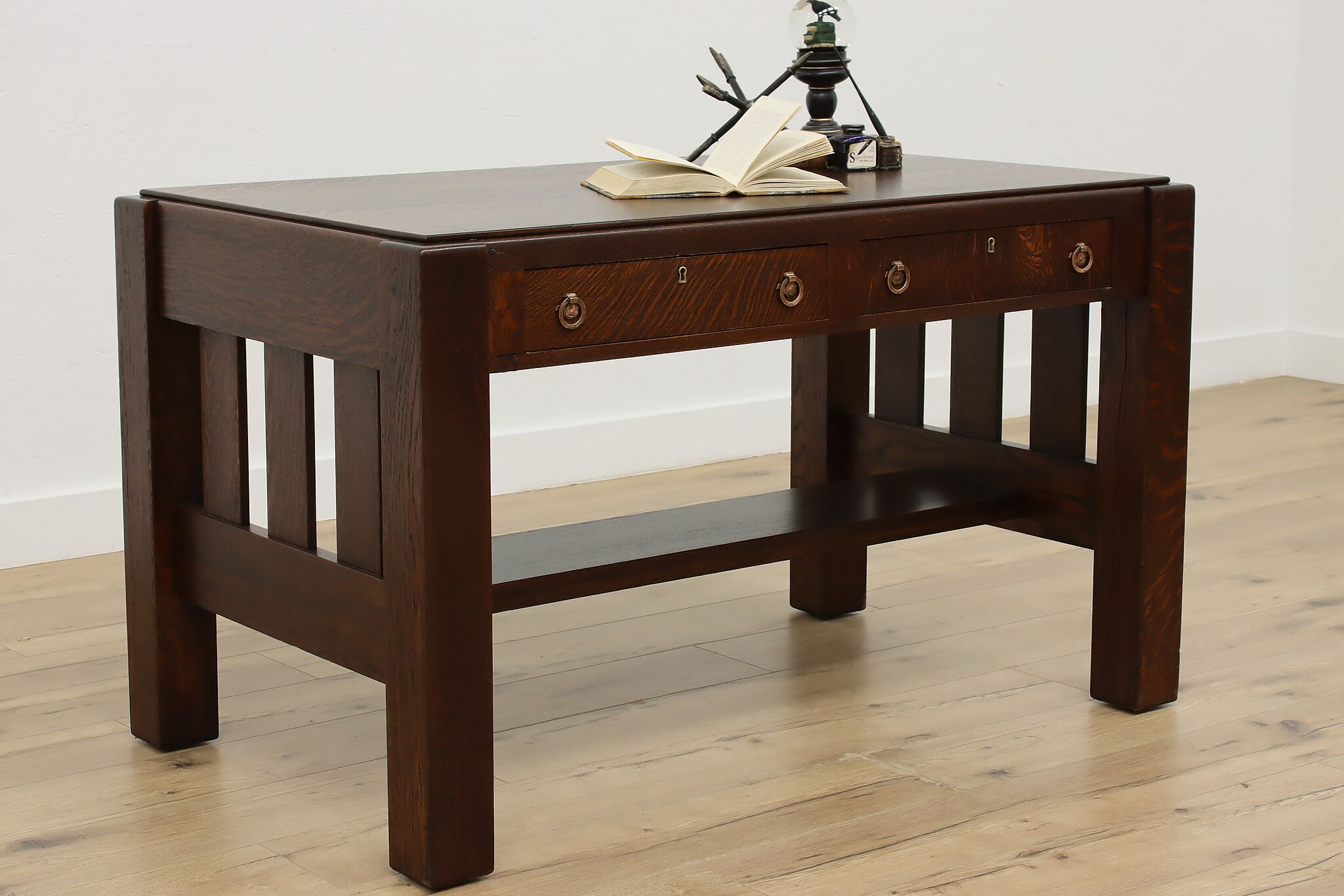 Arts & Crafts Mission Oak Antique Library Table Desk, Daisy