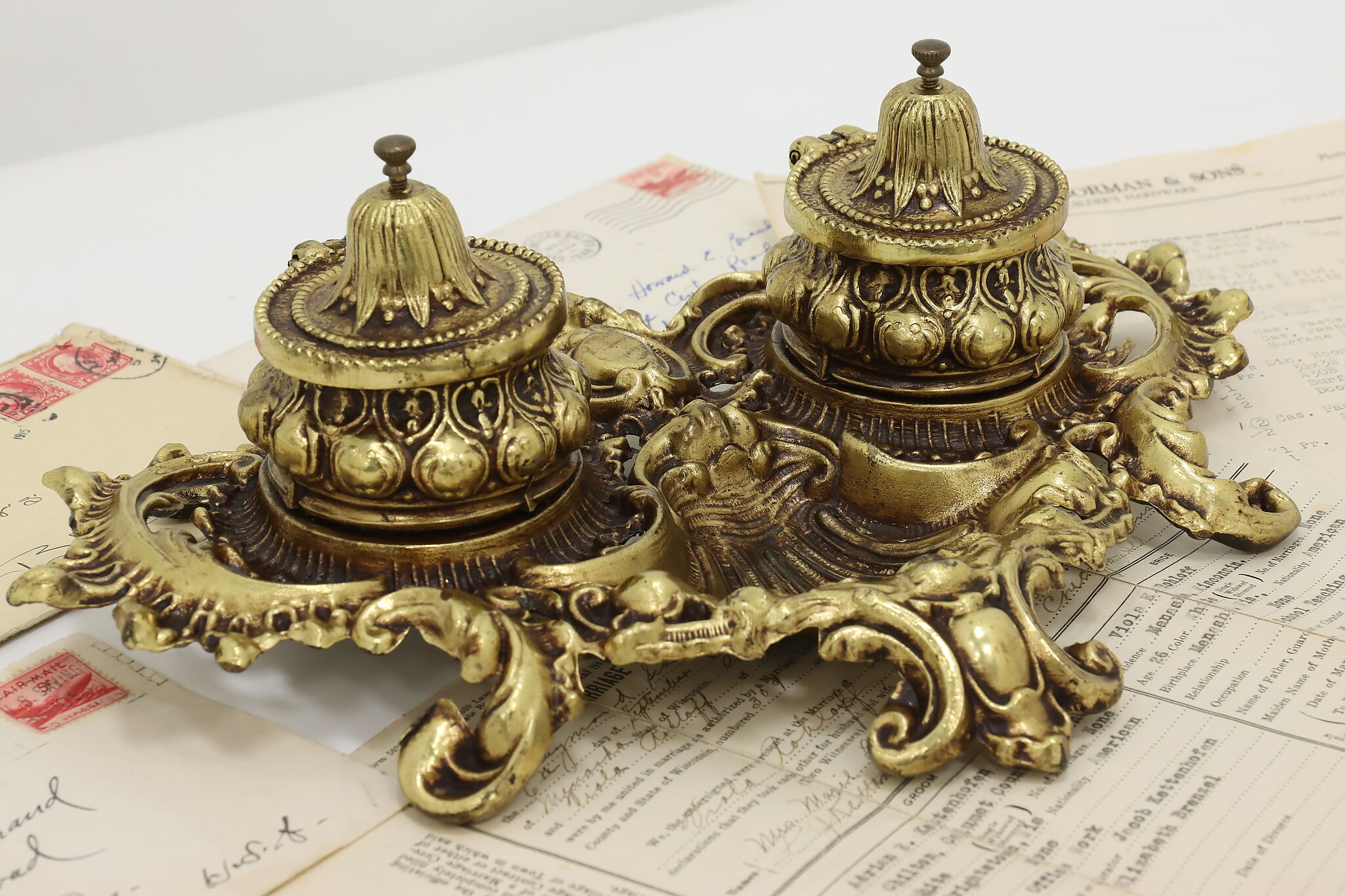Victorian Design Vintage Brass Double Desktop Inkwell, BW