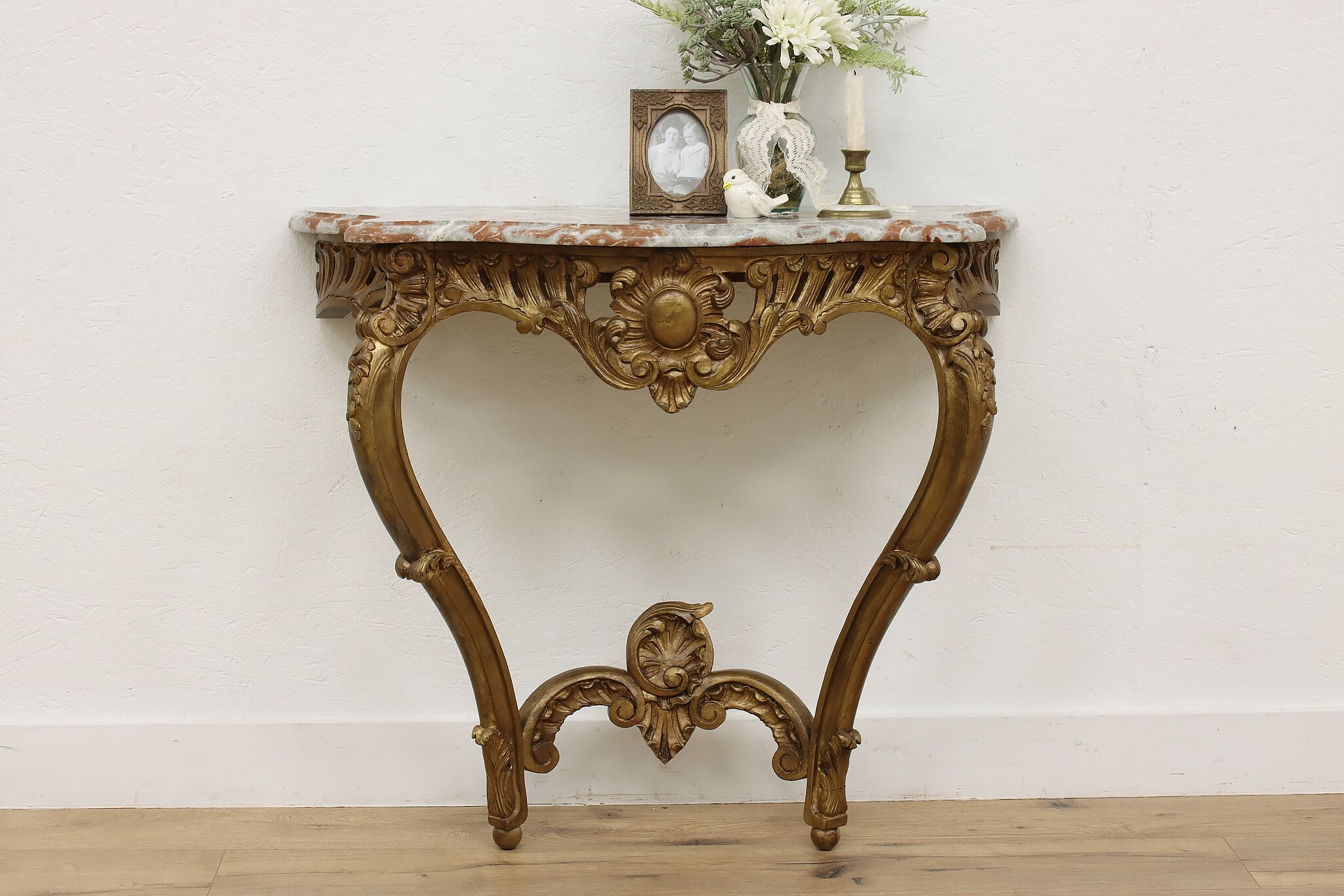 Consola Rococo Rococo Design Vintage Marble Top & Gilt Wood Console Table