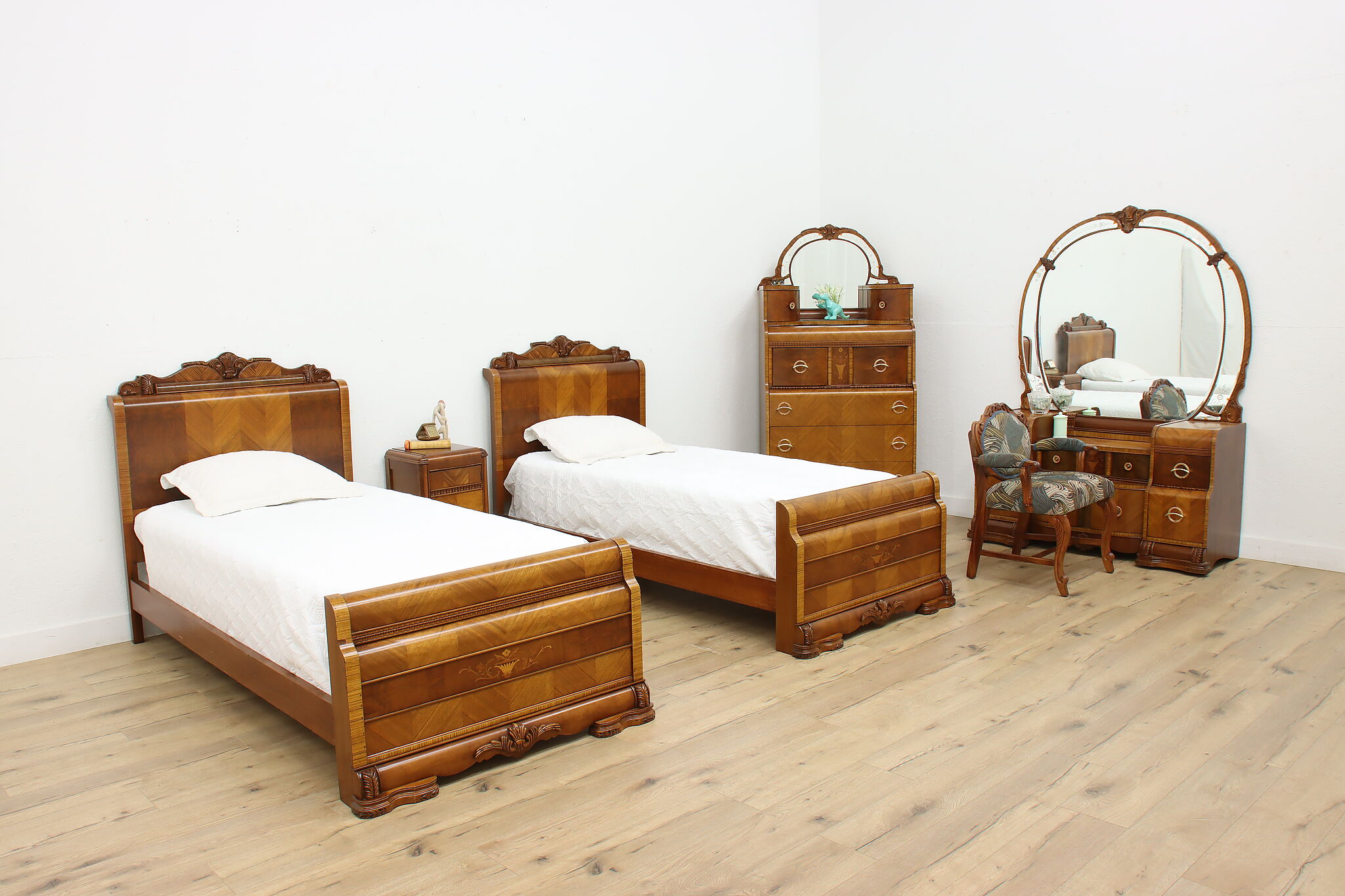 Art Deco Vintage 6 Pc Waterfall Bedroom Set, Twin Size Beds