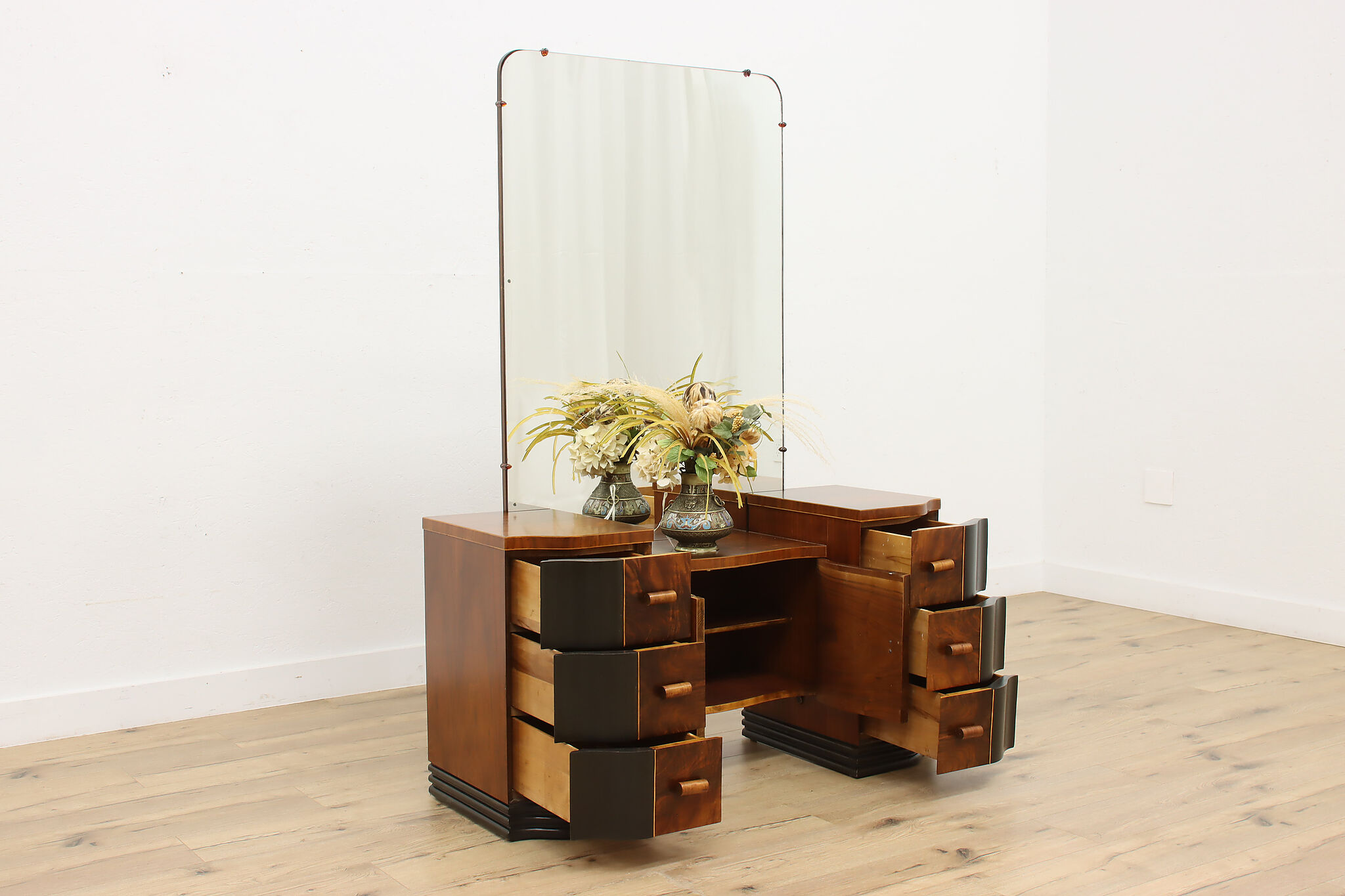 Art Deco Vintage Figured Walnut Vanity & Mirror, Bench