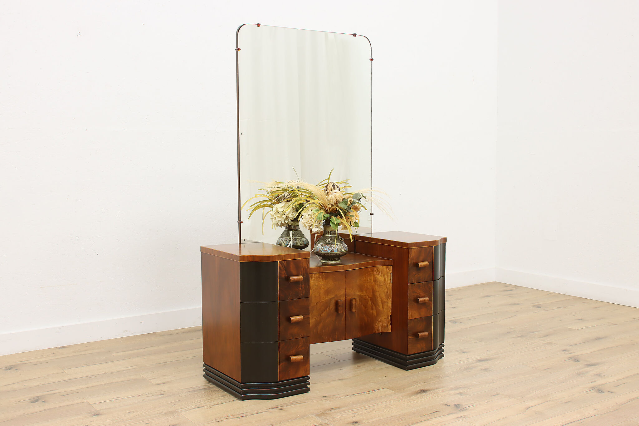Art Deco Vintage Figured Walnut Vanity & Mirror, Bench
