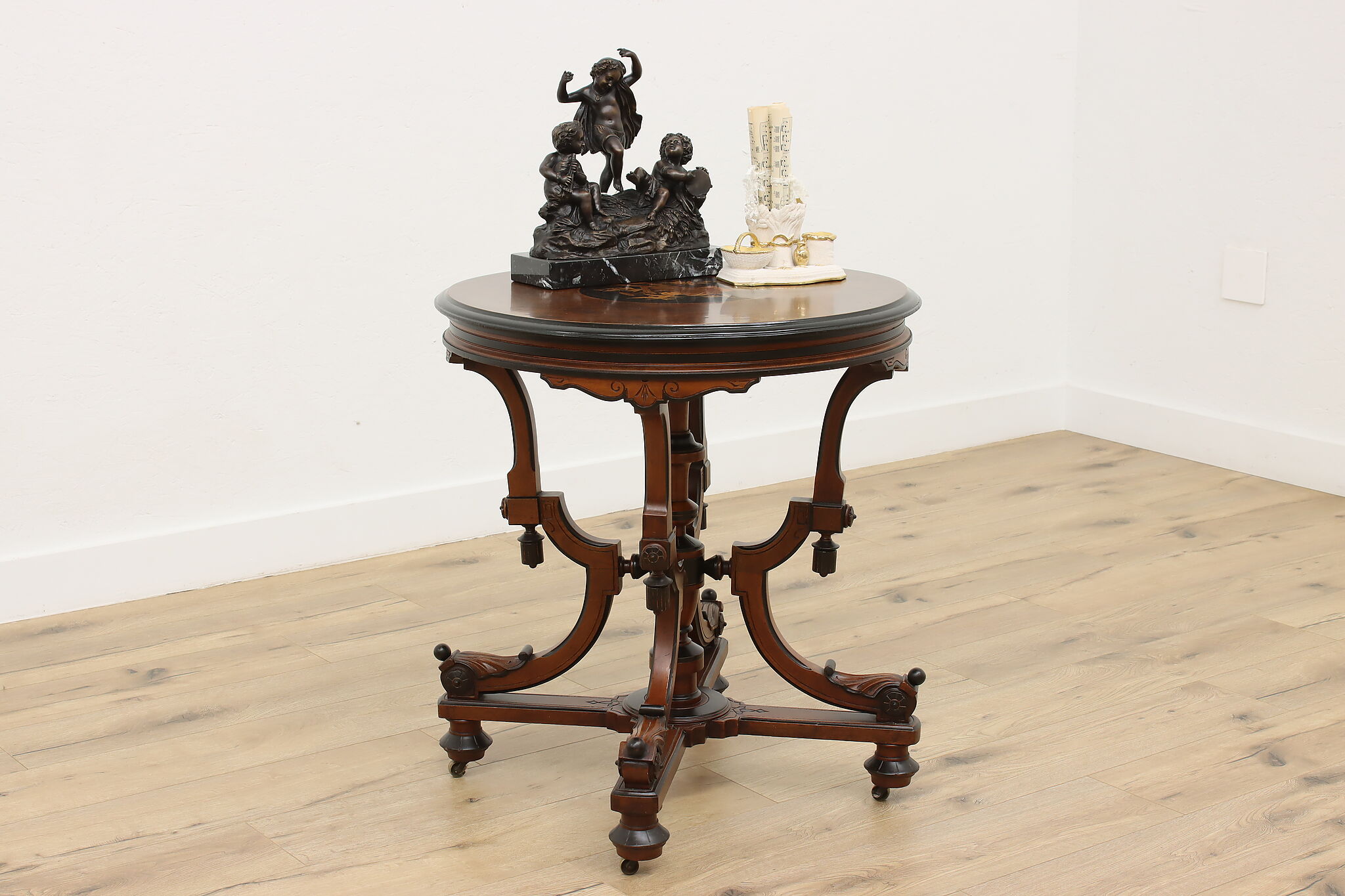 Victorian Antique Marquetry Center Entry Table, Instruments