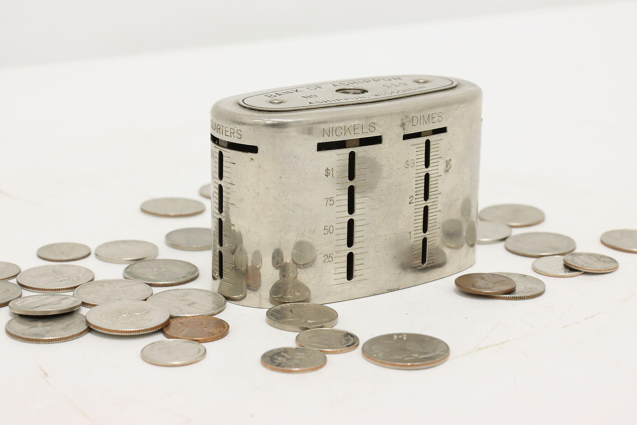 Nickel Plated Antique Recording Coin Bank, Ashippun
