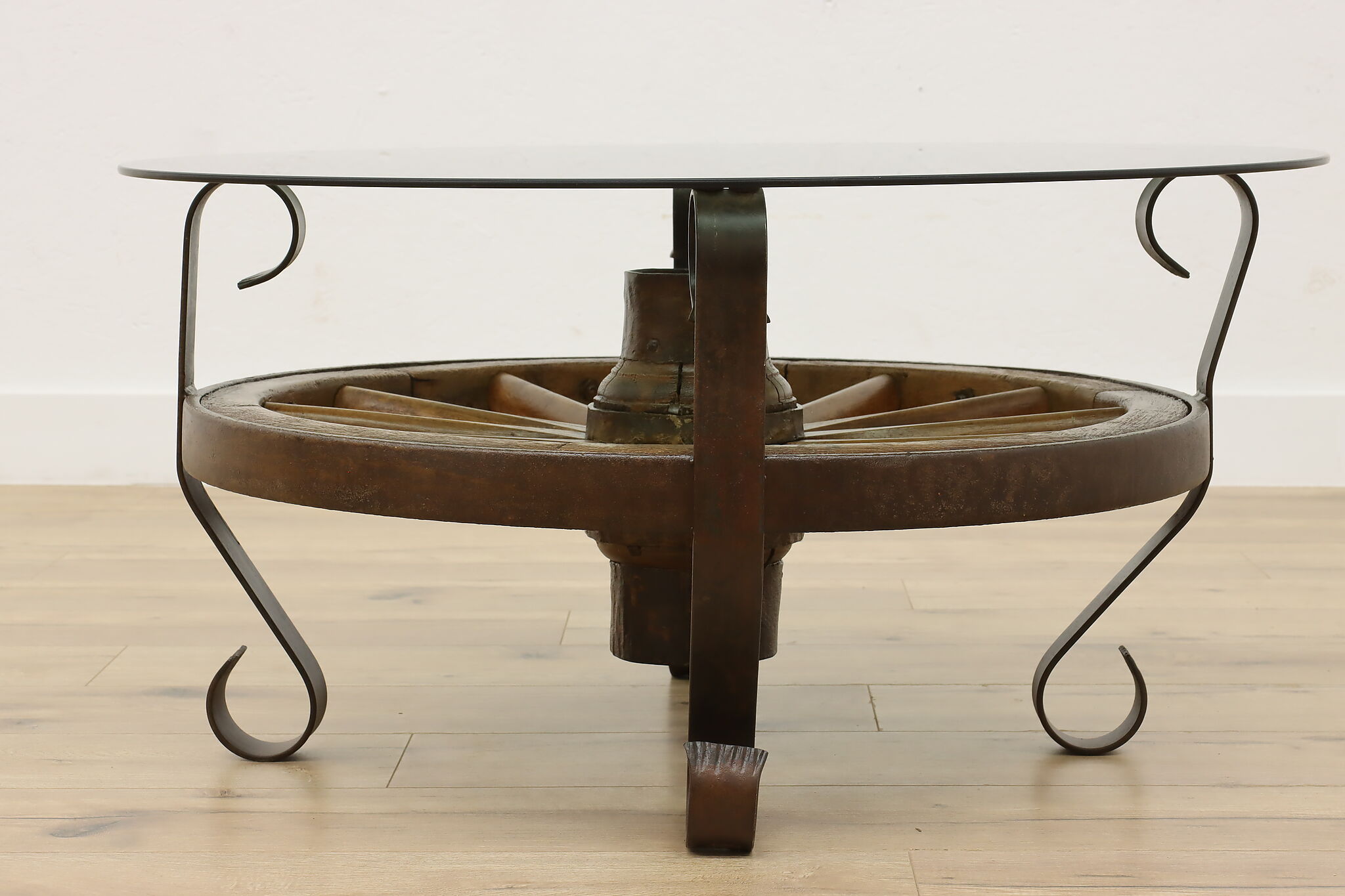 Farmhouse Antique Glass Top Wagon Wheel Coffee Table