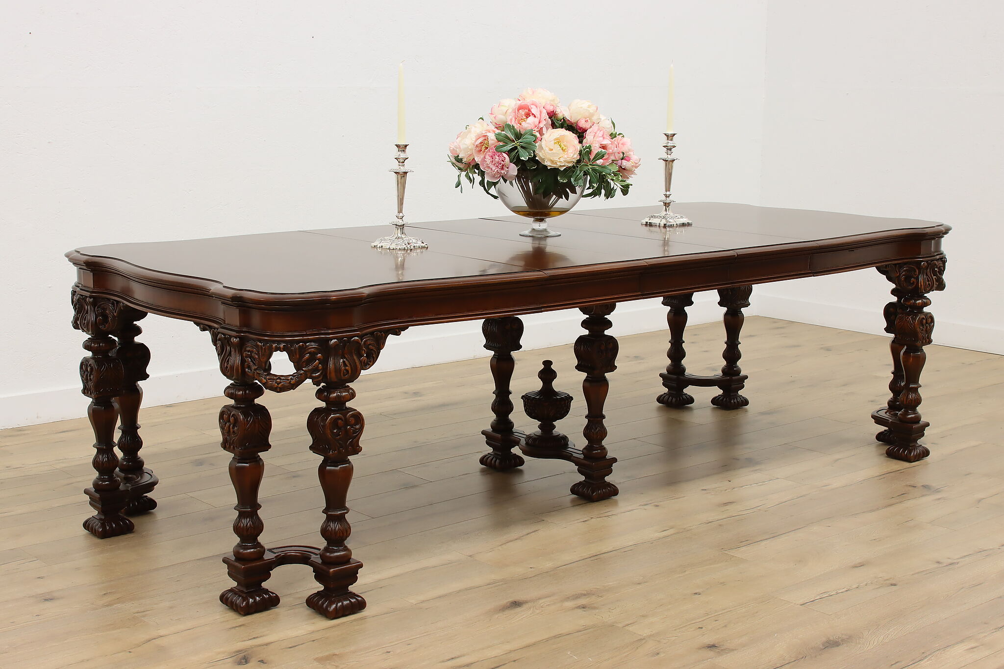 Tudor Antique Carved Mahogany Dining Table Opens 9'
