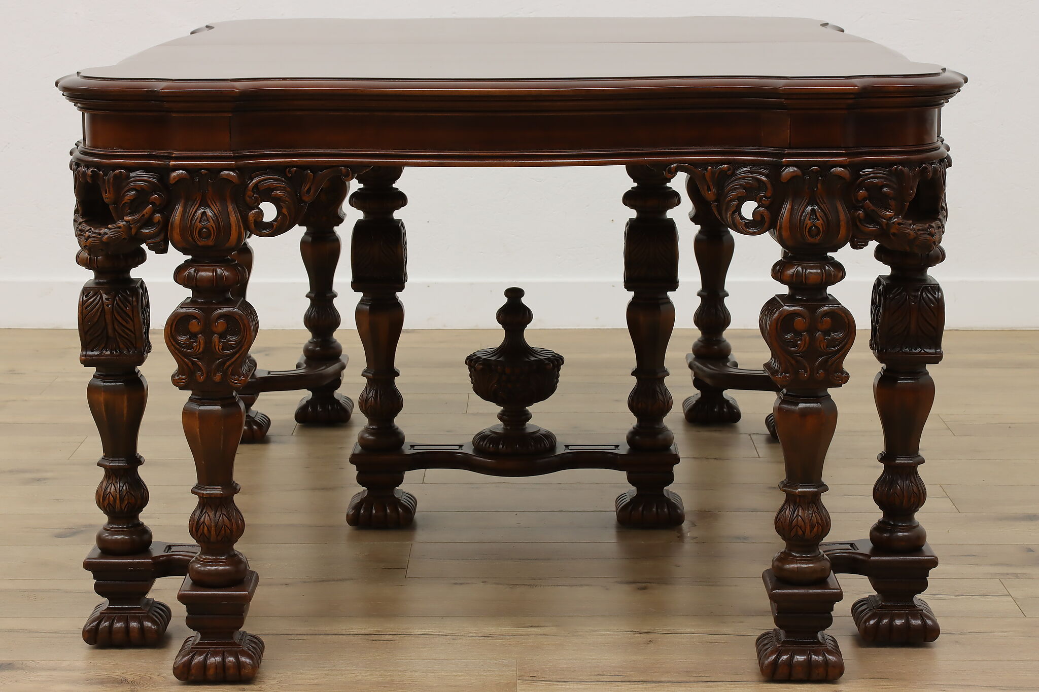 Tudor Antique Carved Mahogany Dining Table Opens 9'