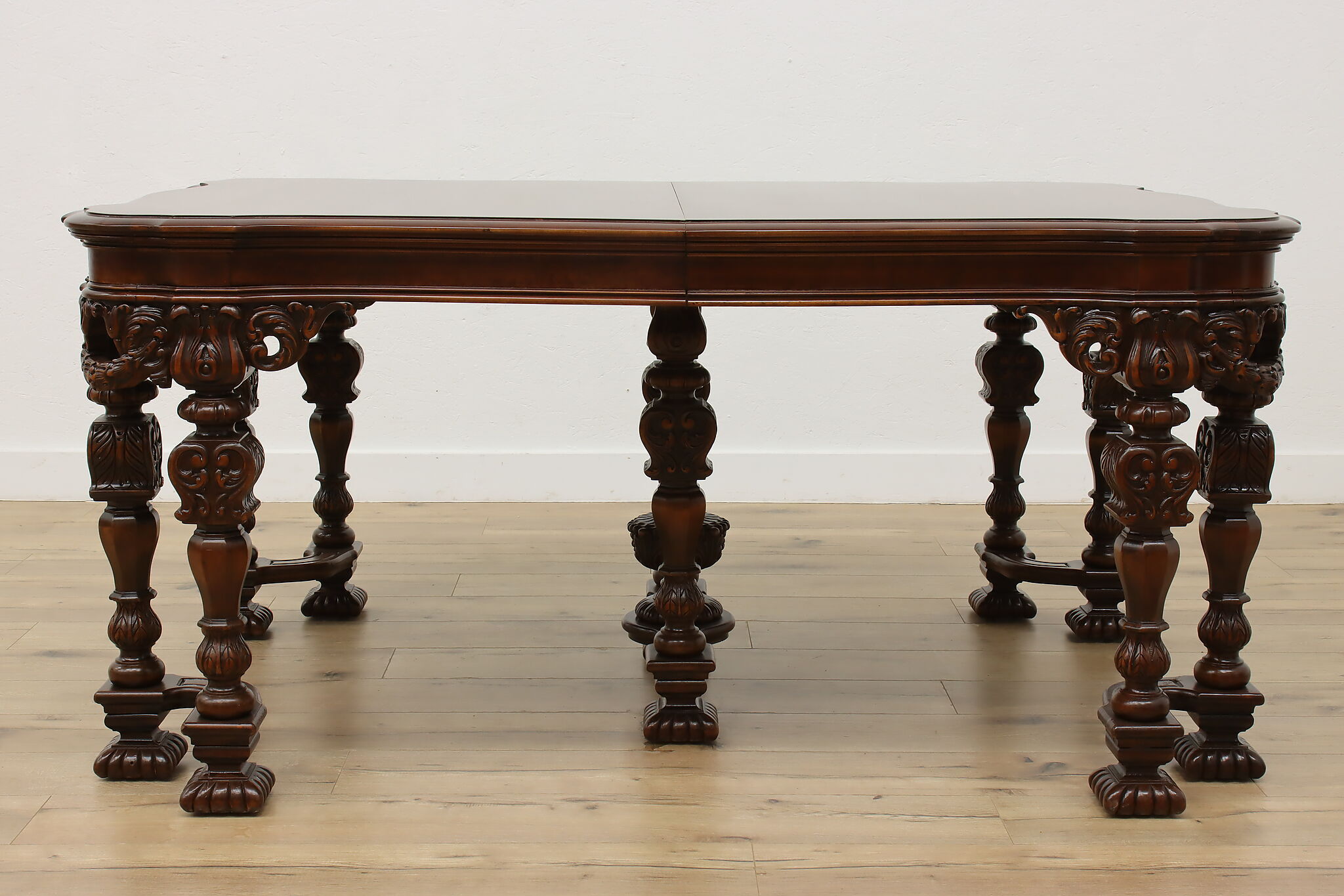 Tudor Antique Carved Mahogany Dining Table Opens 9'