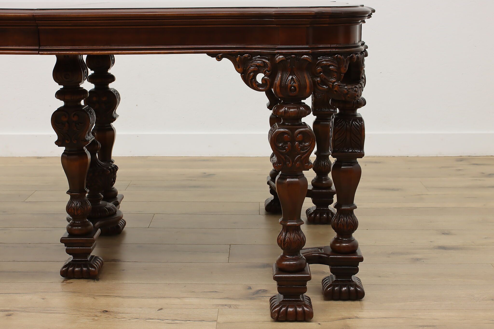 Tudor Antique Carved Mahogany Dining Table Opens 9'