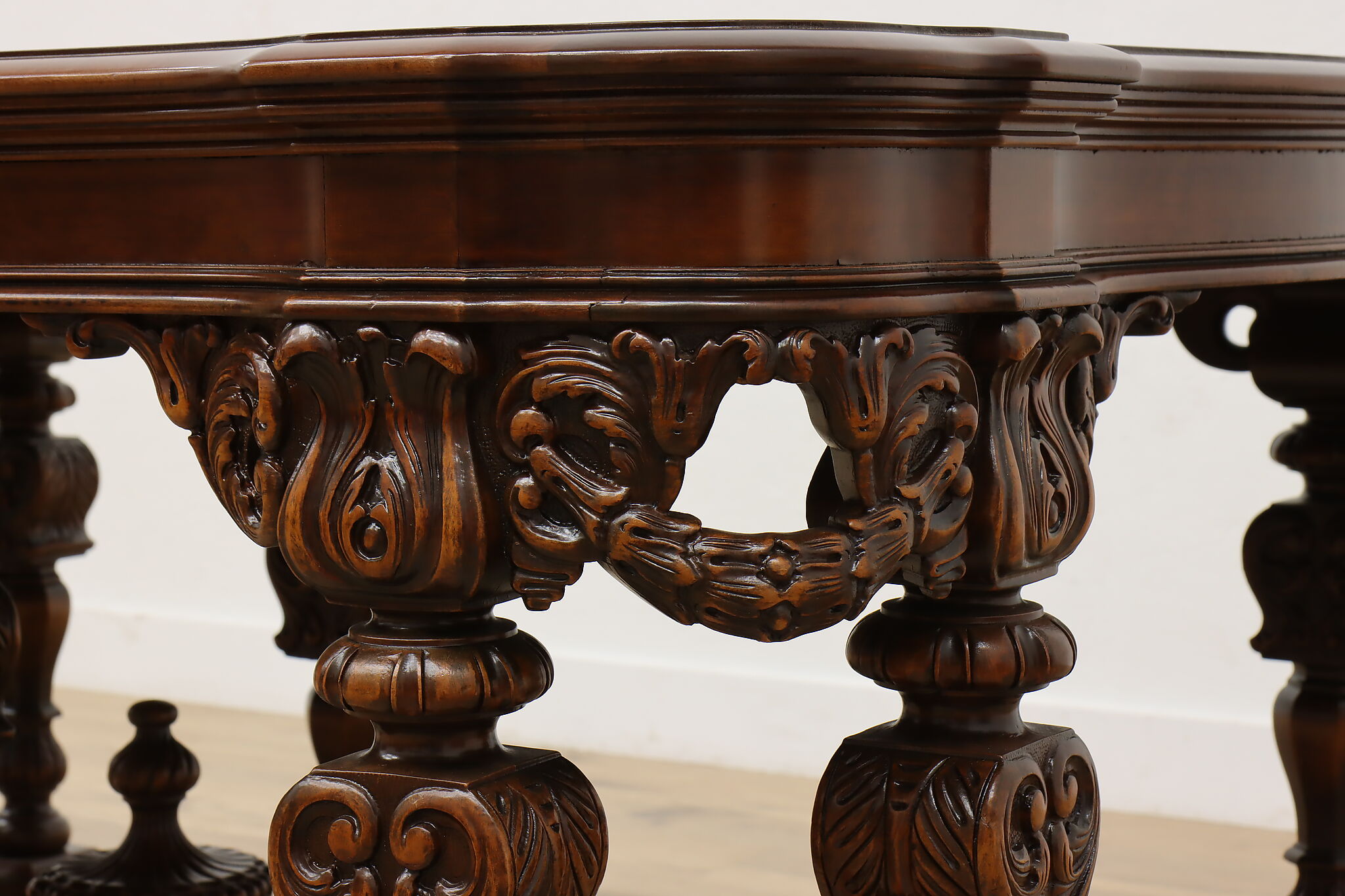 Tudor Antique Carved Mahogany Dining Table Opens 9'