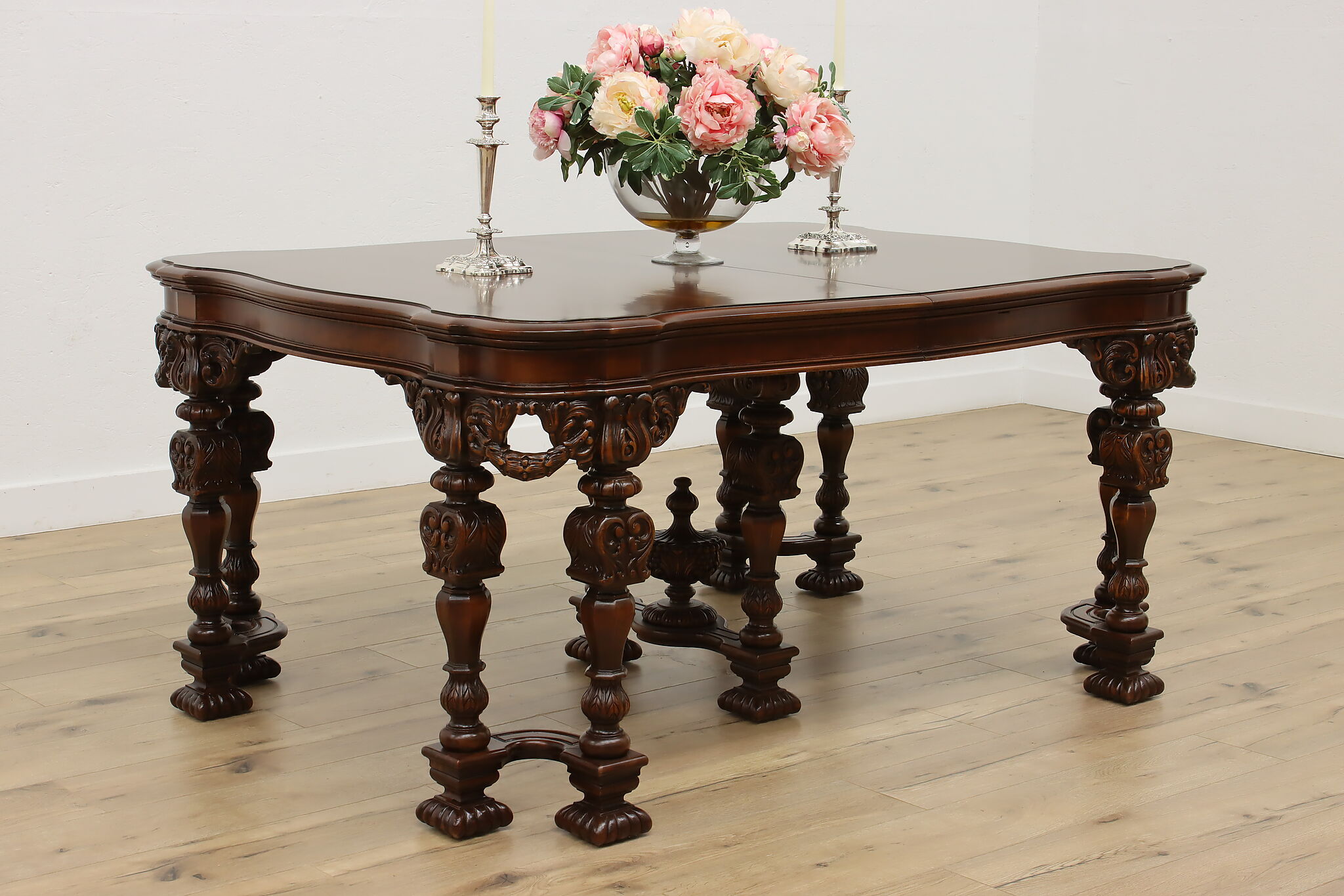 Tudor Antique Carved Mahogany Dining Table Opens 9'