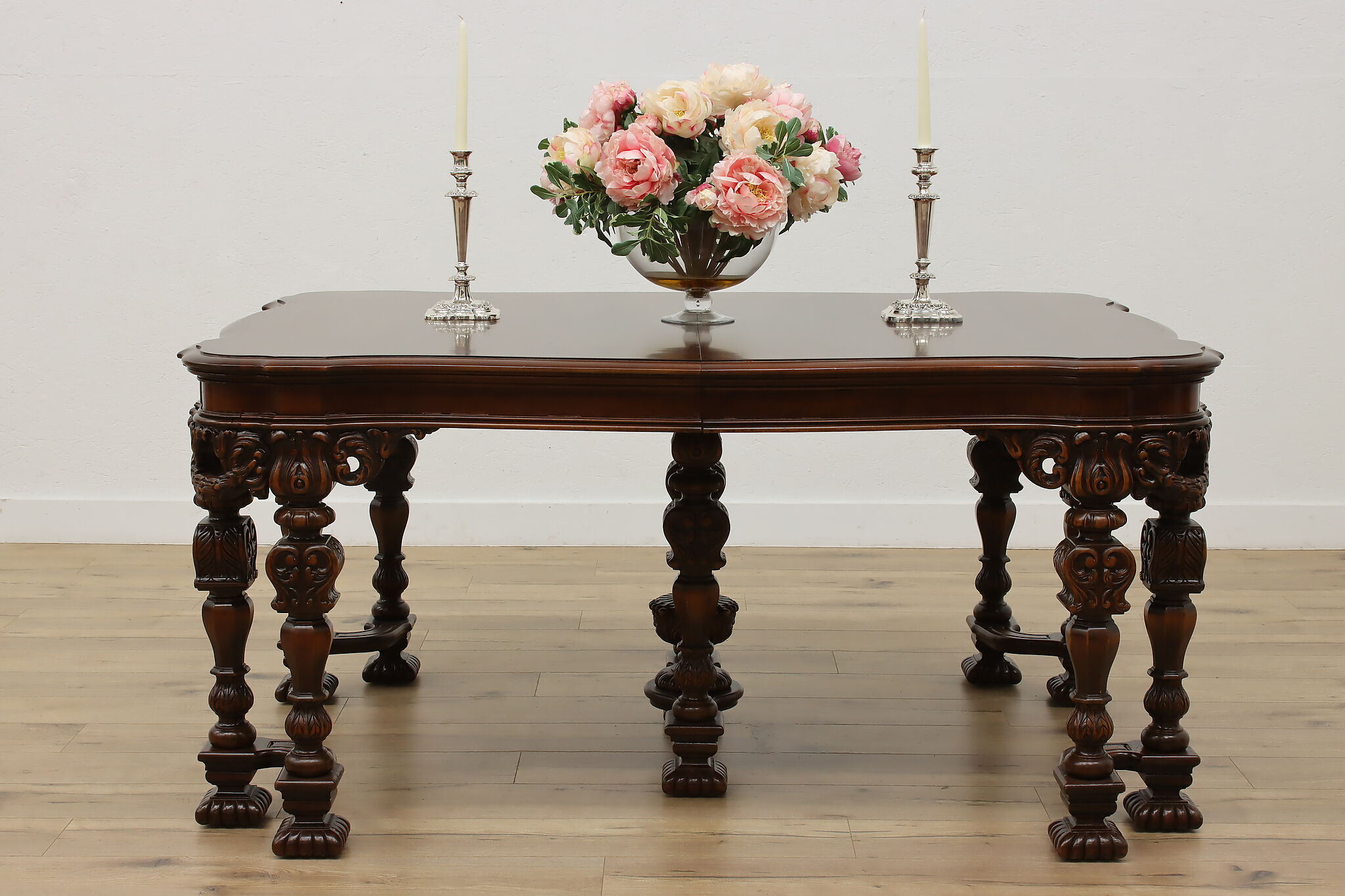 Tudor Antique Carved Mahogany Dining Table Opens 9'