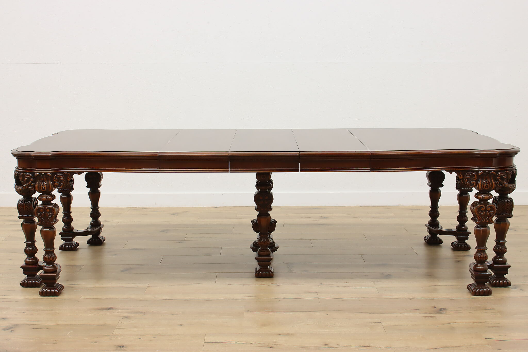 Tudor Antique Carved Mahogany Dining Table Opens 9'
