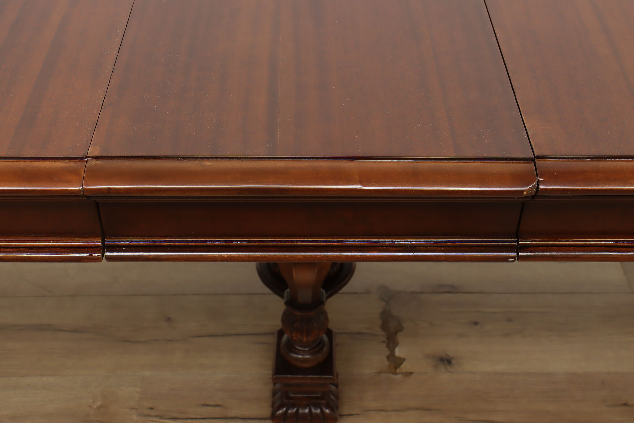 Tudor Antique Carved Mahogany Dining Table Opens 9'