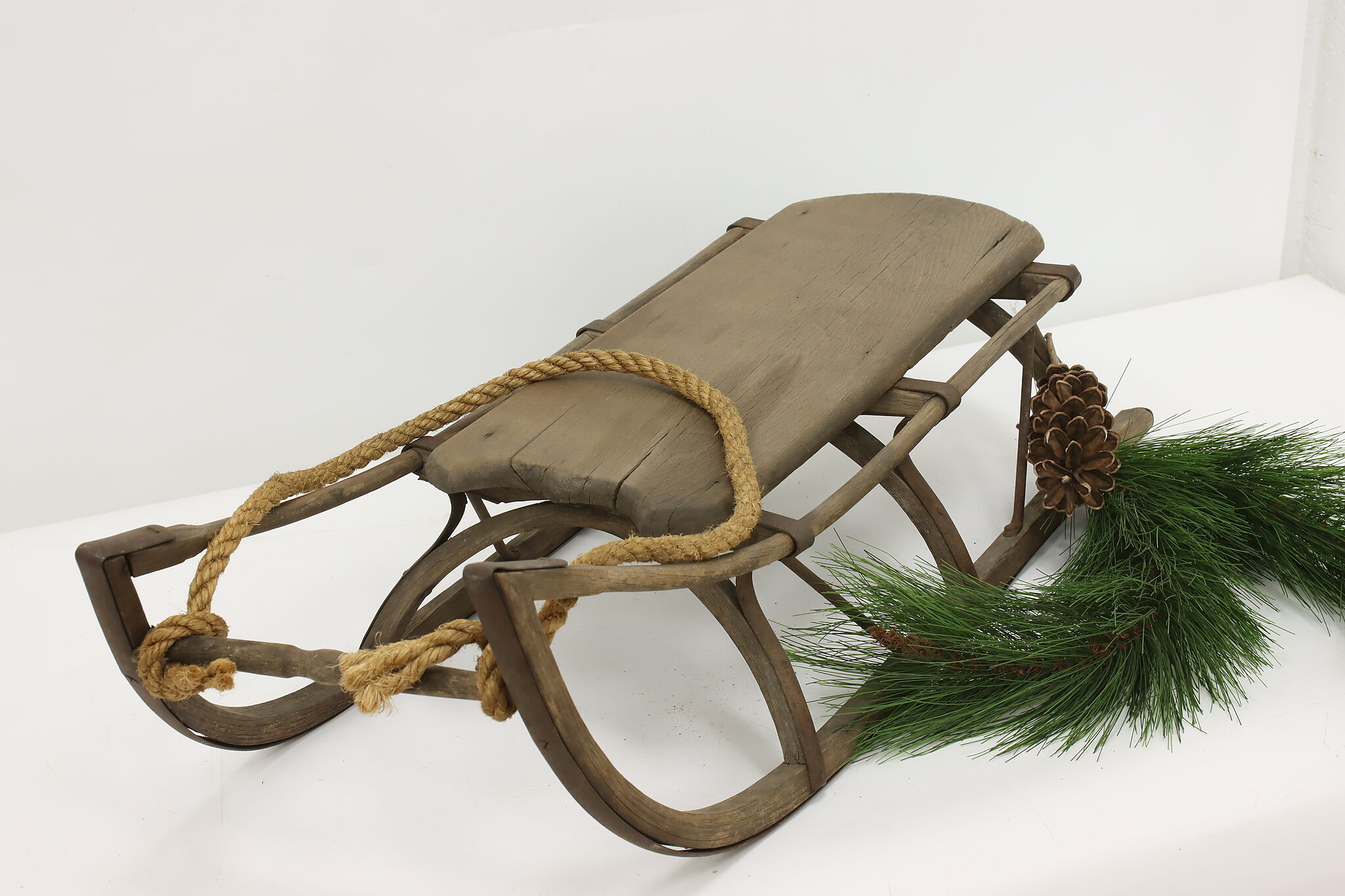 Farmhouse Antique Elm & Iron Child Snow Sled, Rope Pull