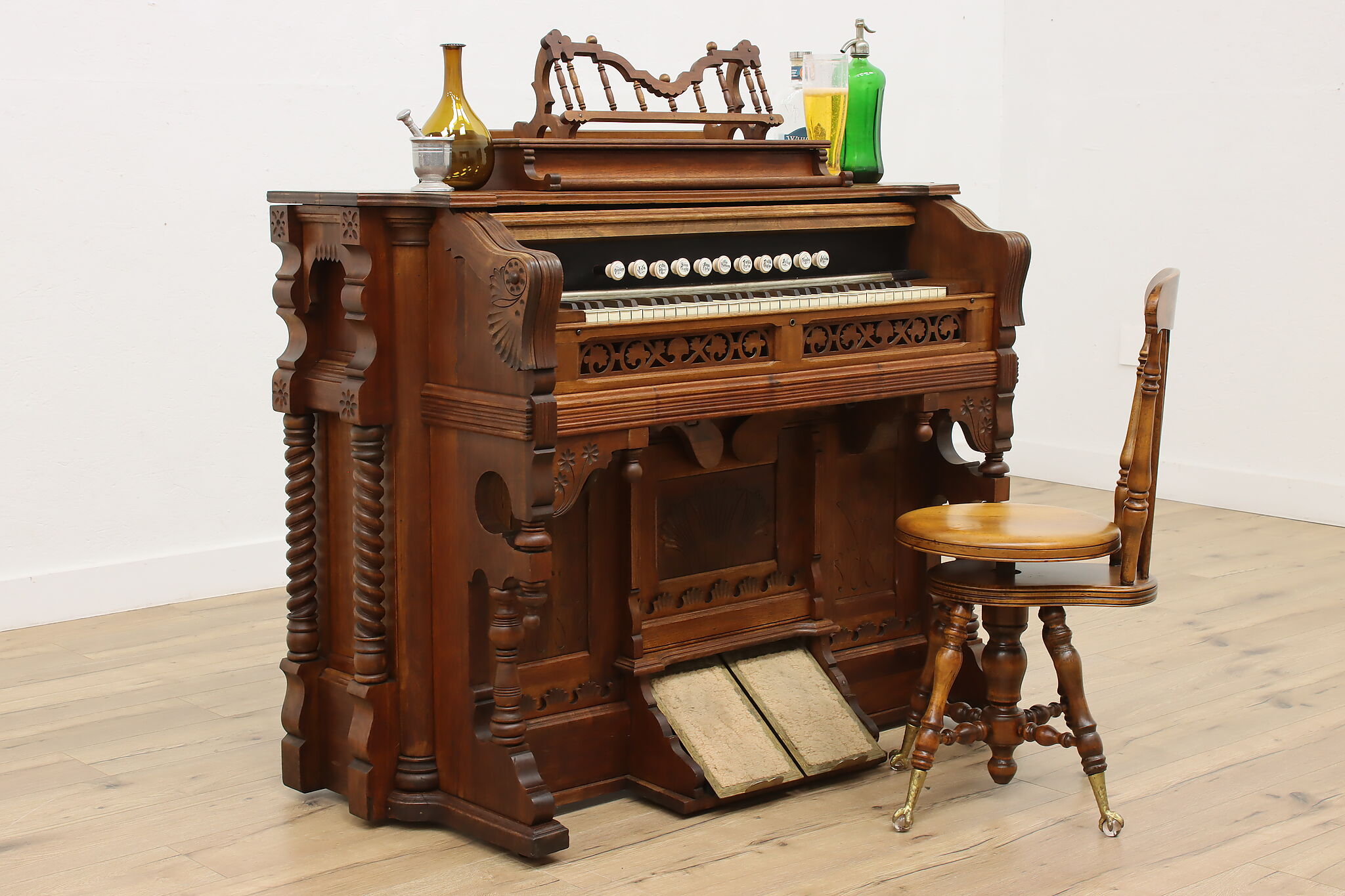 Victorian Reeds Victorian Antique Carved Walnut Reed or Pump Organ