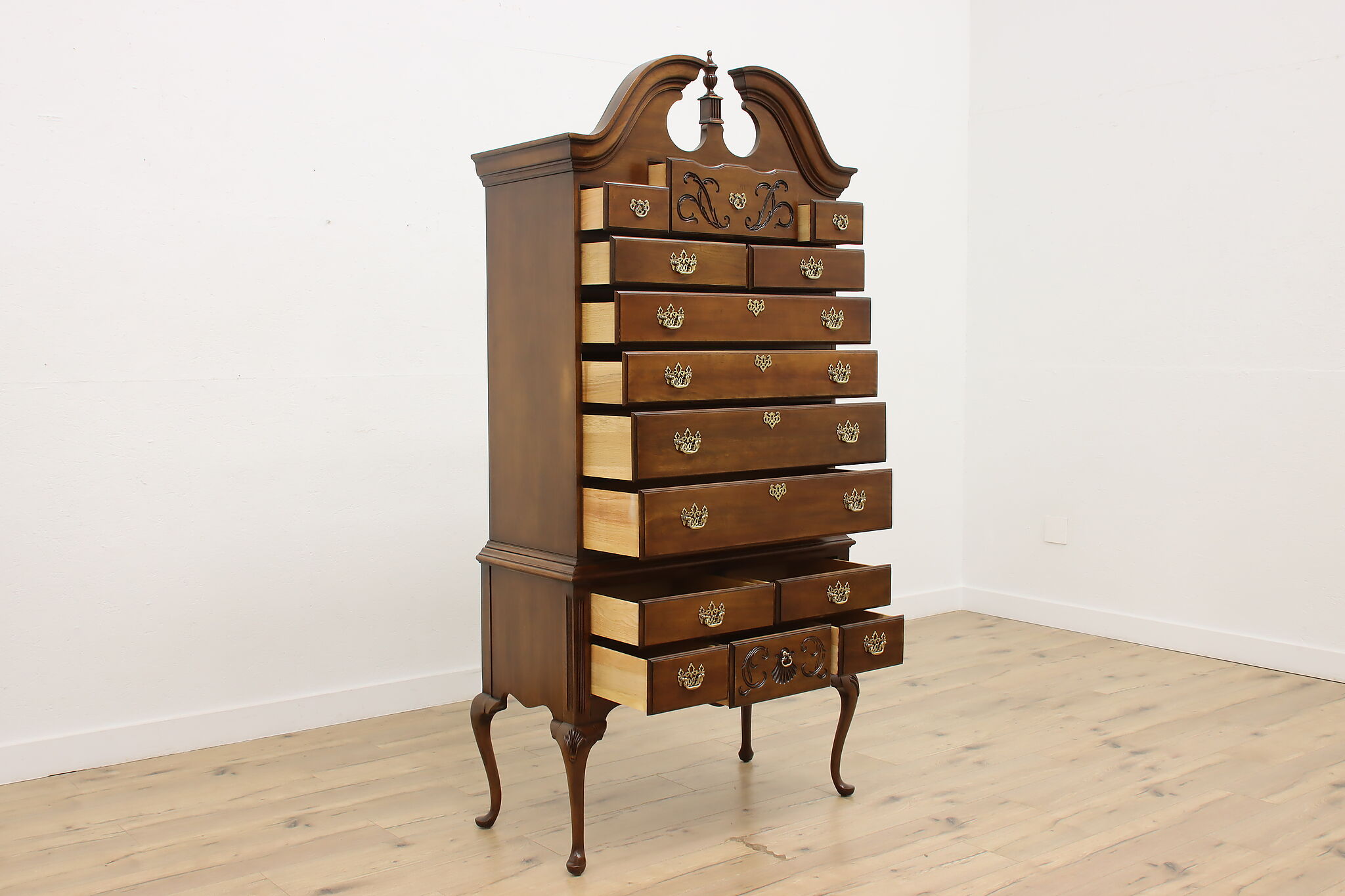 highboy dresser vintage Mid-Century by John Stuart-Five-Drawer Chest with Carved Laurel Detail Georgian Vintage Cherry Highboy or