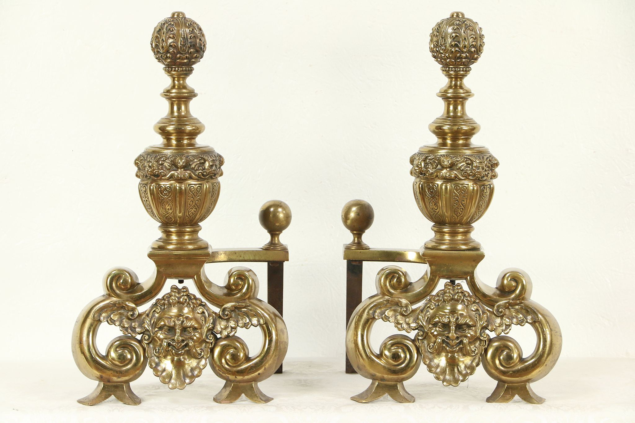 Brass Antique Fireplace Hearth Andirons Embossed Heads 29469