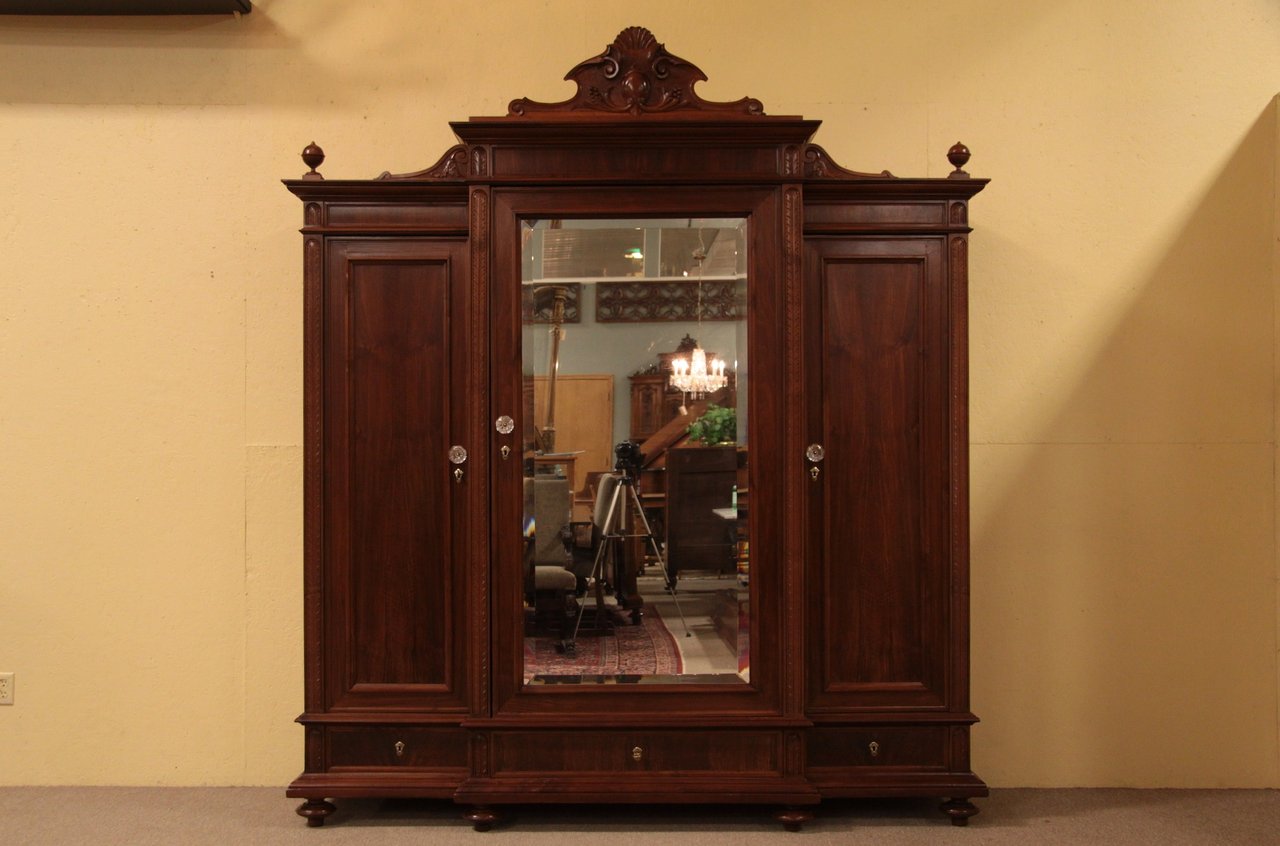 Victorian Carved Triple Armoire, Mirror Door